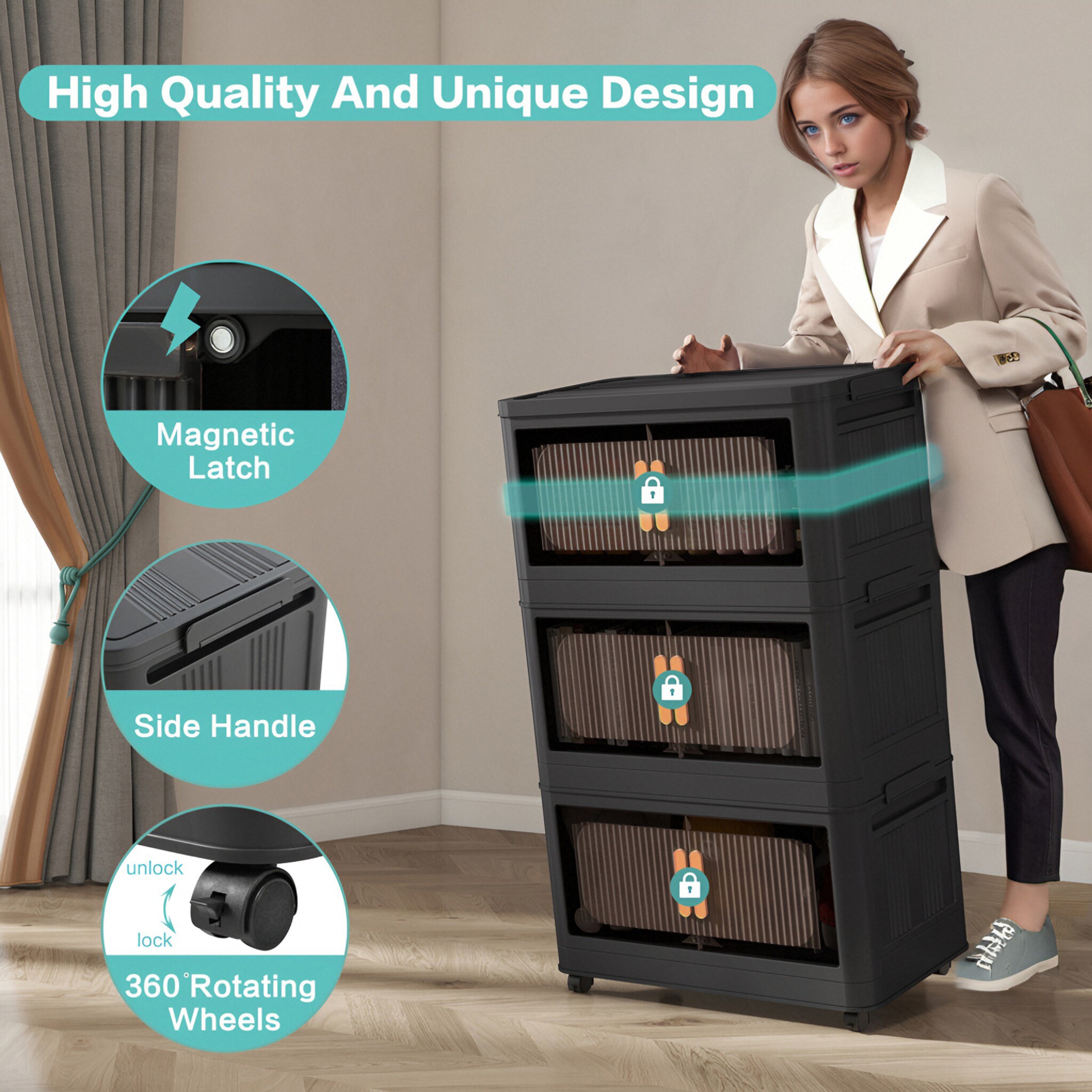 Black,20' Side Wide Folding Storage Cabinet ,4 Tiers,19.69'×11.81'×40.55',Collapsible Storage Bins with Magnetic Door, Plastic Storage Cabinet with Wheels - Grand Goldman Shop