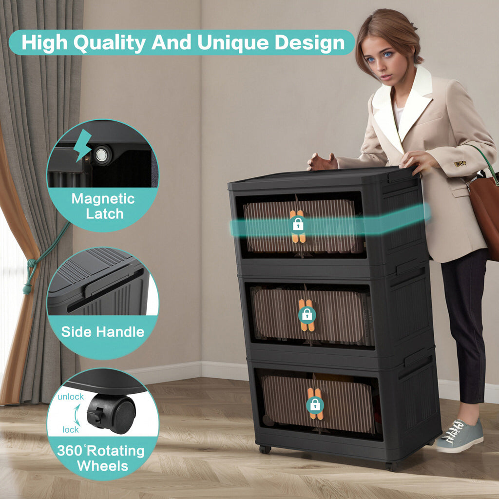 Folding Storage Cabinet 5-Tier 24-Inch Wide Black Plastic with Magnetic Doors and Wheels - Grand Goldman Shop