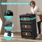 Black, 20' Side Wide Folding Storage Cabinet ,3 Tiers,19.69'×11.81'×31.10',Collapsible Storage Bins with Magnetic Door, Plastic Storage Cabinet with Wheels - Grand Goldman Shop