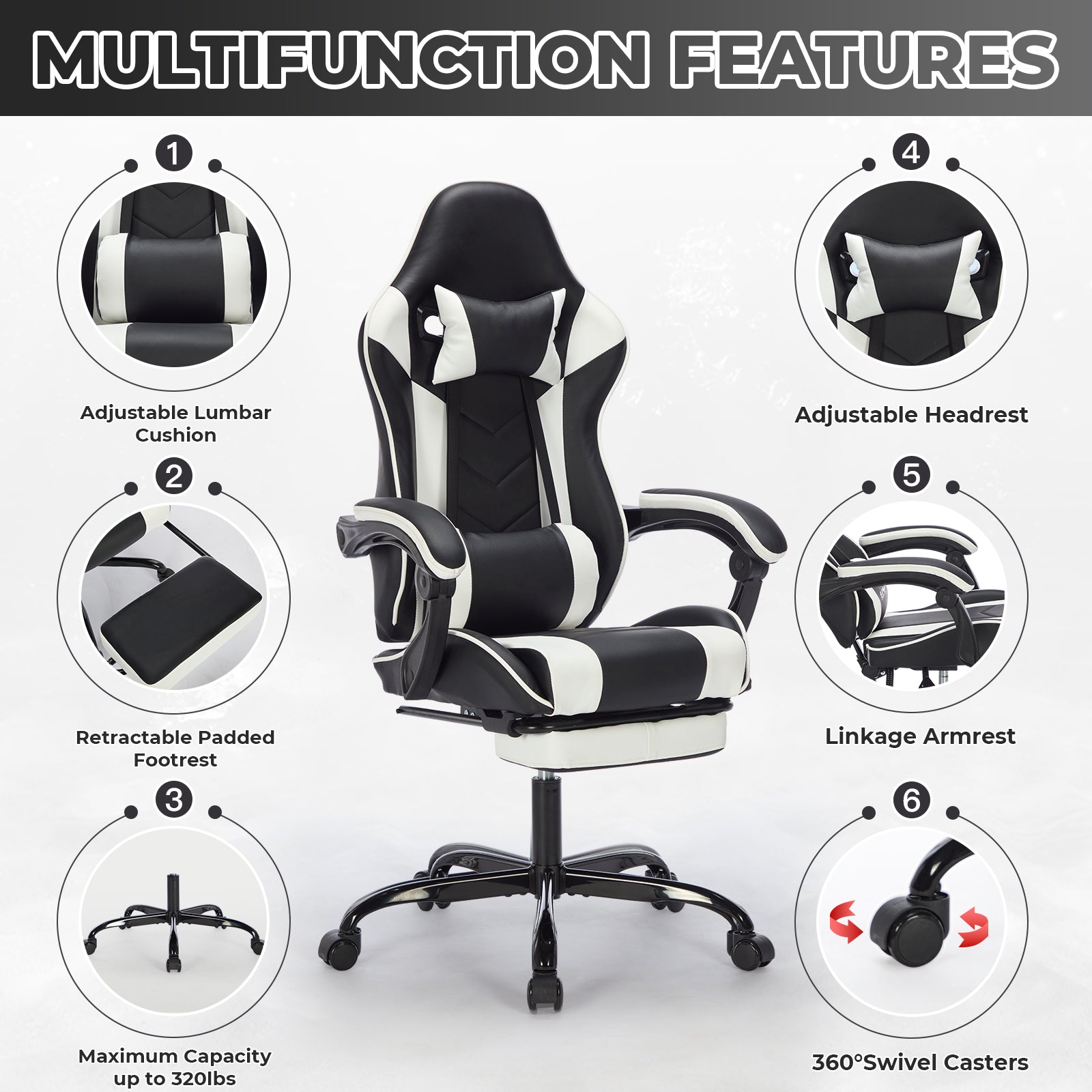 Gaming Chair with Footrest, Ergonomic Computer Chair with Headrest and Lumbar Support, Breathable Material Height Adjustable 