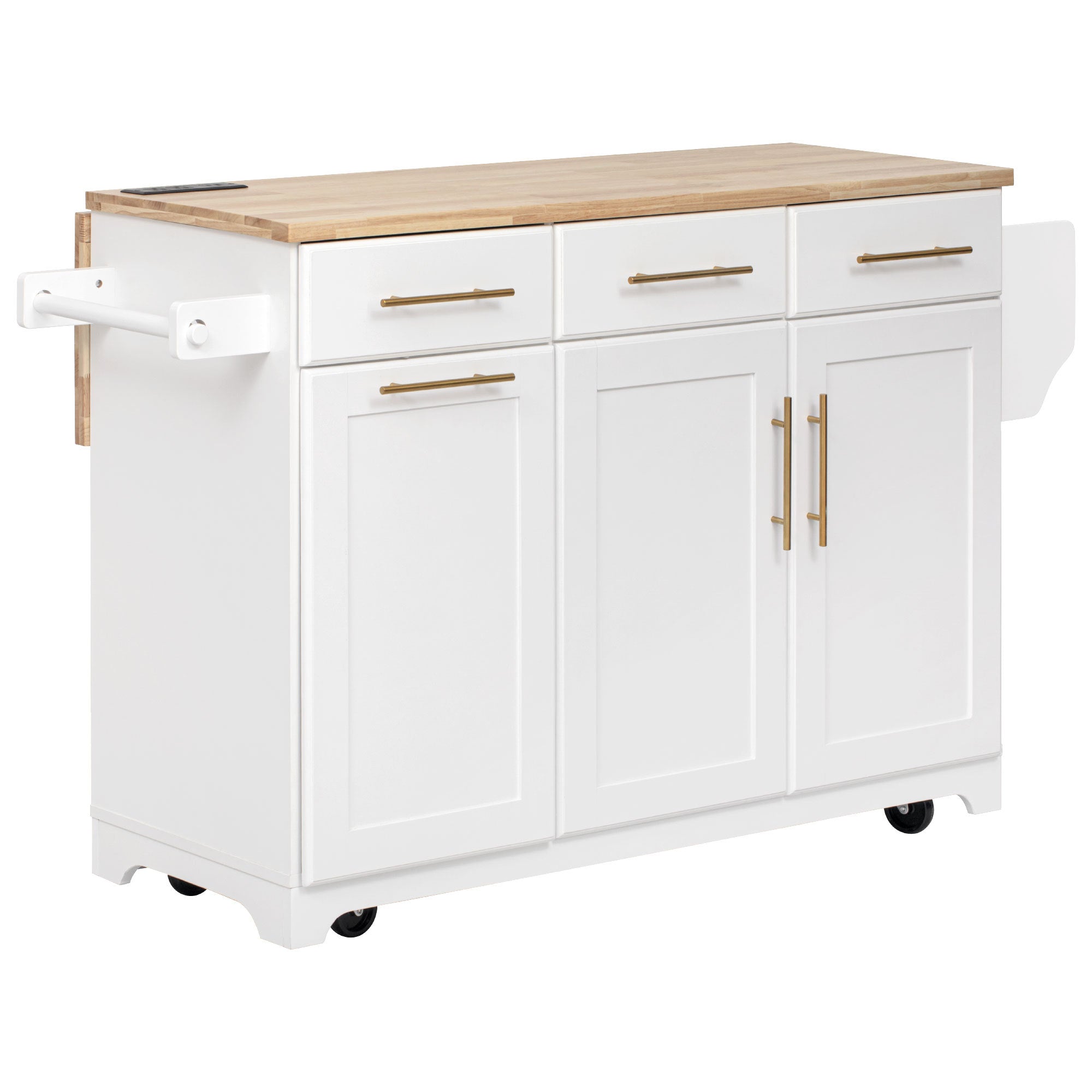 K&K 59.3' Kitchen Island with Storage 2 Pull Out Cabinet Organizers & Rubber Wood Drop Leaf, Rolling Kitchen Island with Trash Can Storage, Power Outlet, Spice & Towel Rack for Kitchen, Dining, White - Grand Goldman Shop