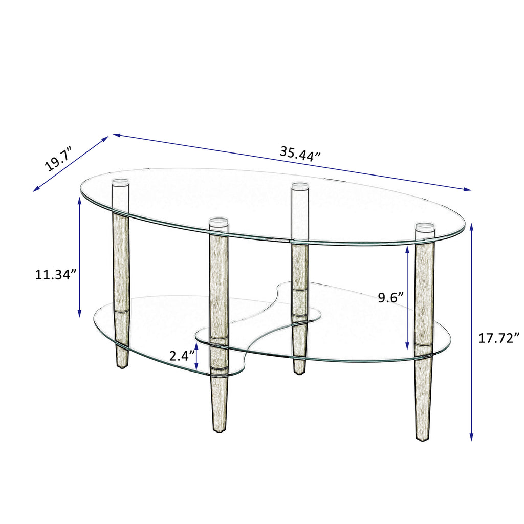 Modern Transparent Oval Glass Coffee Table with Oak Wood Legs, 3-Layer Design for Living Room - Grand Goldman Shop
