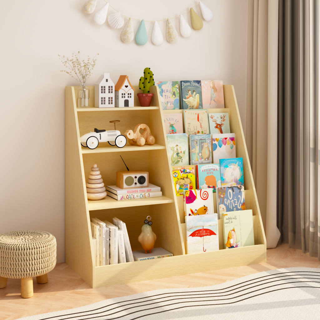 Kids Bookshelf and Toy Storage Organizer, Multifunctional 4 Tier Wooden Kids Book Shelf with  Bookcase Display Stand in Kids 