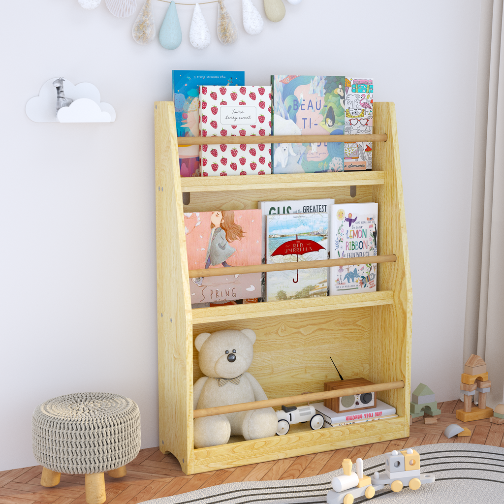 3 Tier Kids Book Shelf, Natural Finish MDF & Pine Wood Storage Rack for Playrooms, Bedrooms, and Classrooms - Grand Goldman