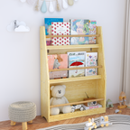 3 Tier Kids Book Shelf, Natural Finish MDF & Pine Wood Storage Rack for Playrooms, Bedrooms, and Classrooms - Grand Goldman
