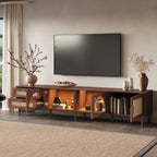 Modern 86 inch TV Stand for TVs up to 90 inches, Dark Brown Rattan Design with App-Controlled LED Lights, 2 Drawers & Glass Door Storage, MDF and Solid Wood Media Console - Grand Goldman Shop