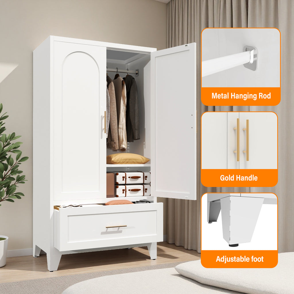 60' Tall Metal Wardrobe Cabinet with 1 Drawer and Hanging Rod, 2 Doors Wardrobe Closet with Shelf for Bedroom, Office, Laundry Room, Entryway, Foyer, Guesthouse (White) - Grand Goldman Shop