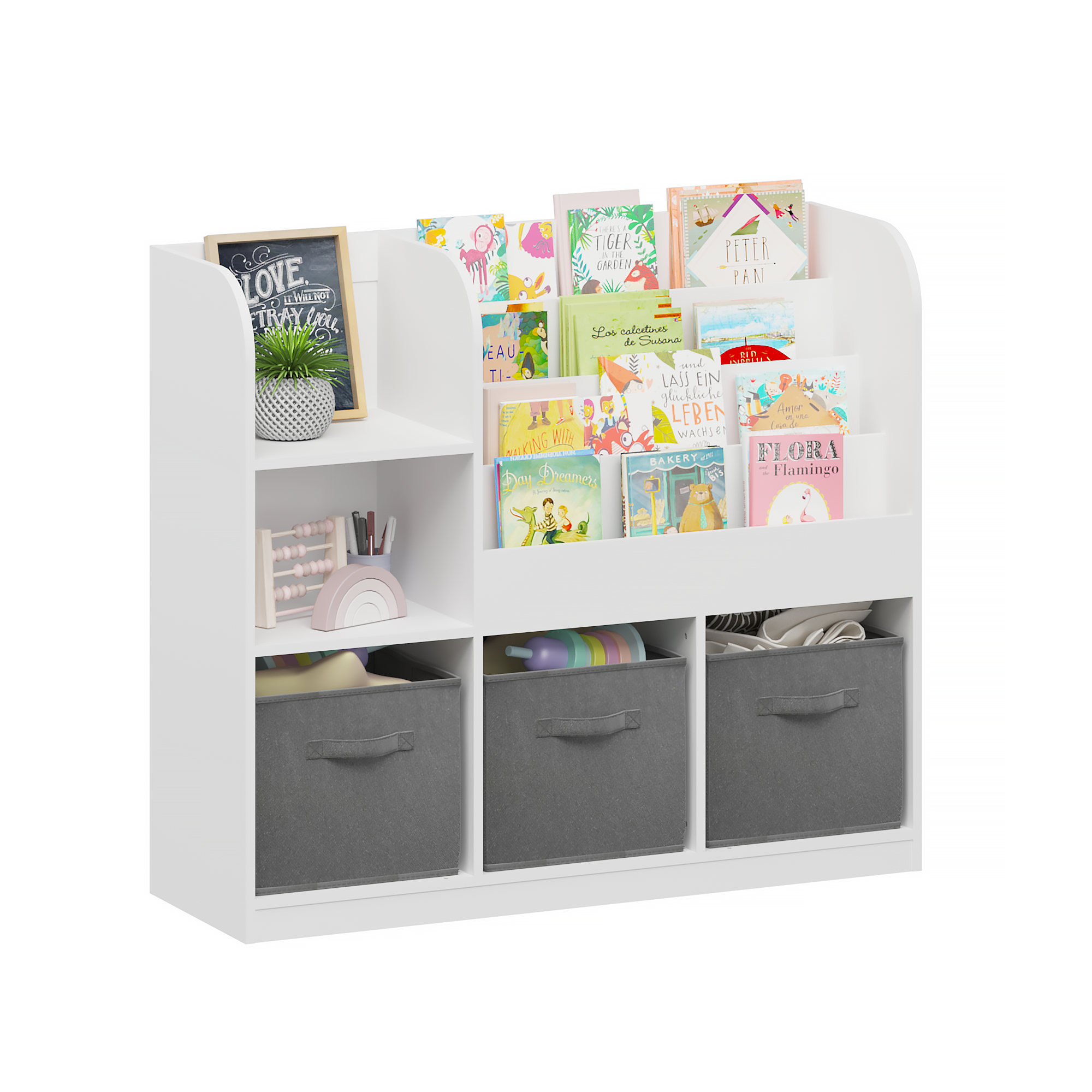 Kids Bookcase and Bookshelf with 3 Collapsible Fabric Drawers, Multifunctional Display Stand for Bedroom, Playroom, Hallway i