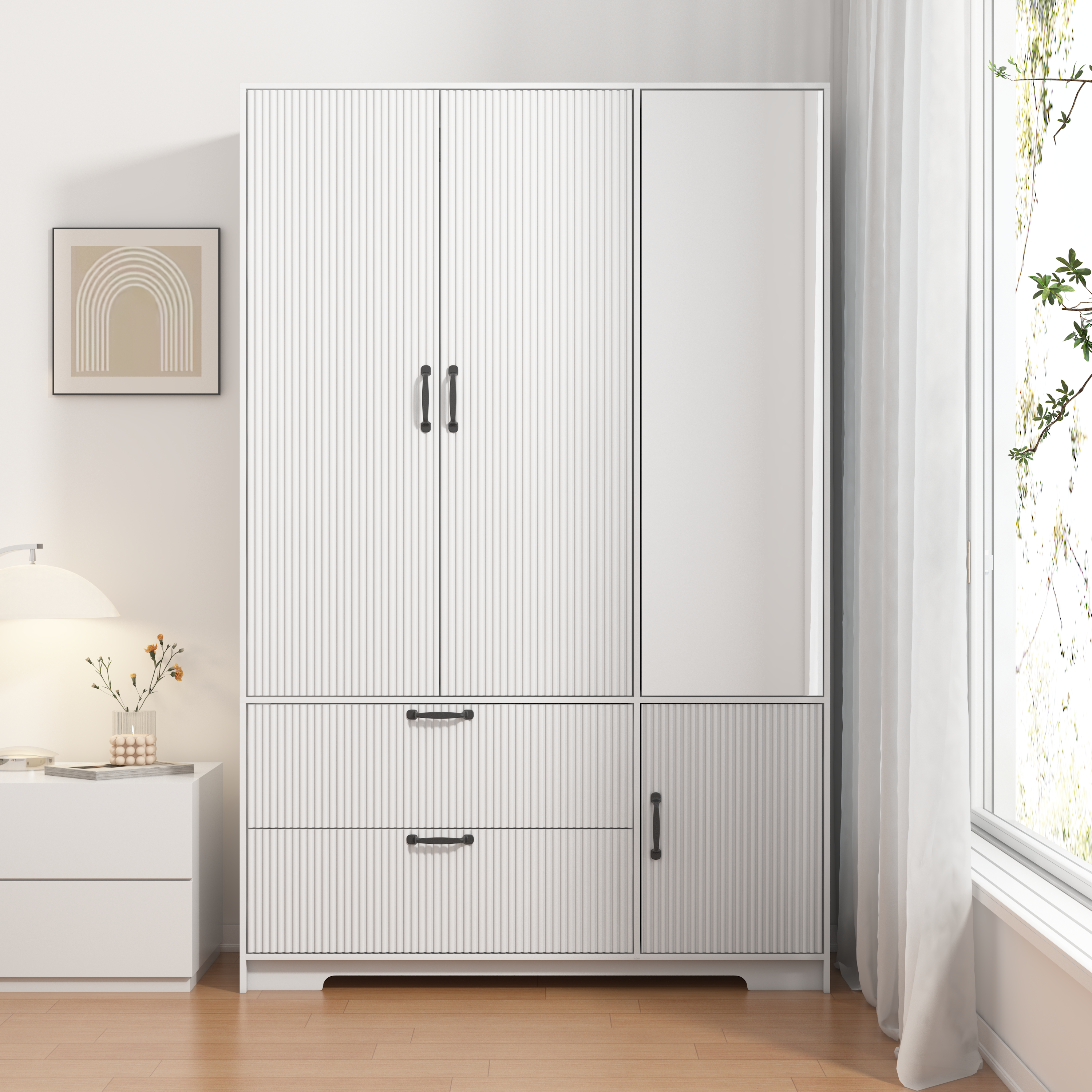 4 Doors Wardrobe Closet with Mirror, LED Wardrobe with Doors and 2 Drawers, Wooden Wardrobe Storage Cabinet with Hanging Rod, Adjustable Shelves, White - Grand Goldman Shop