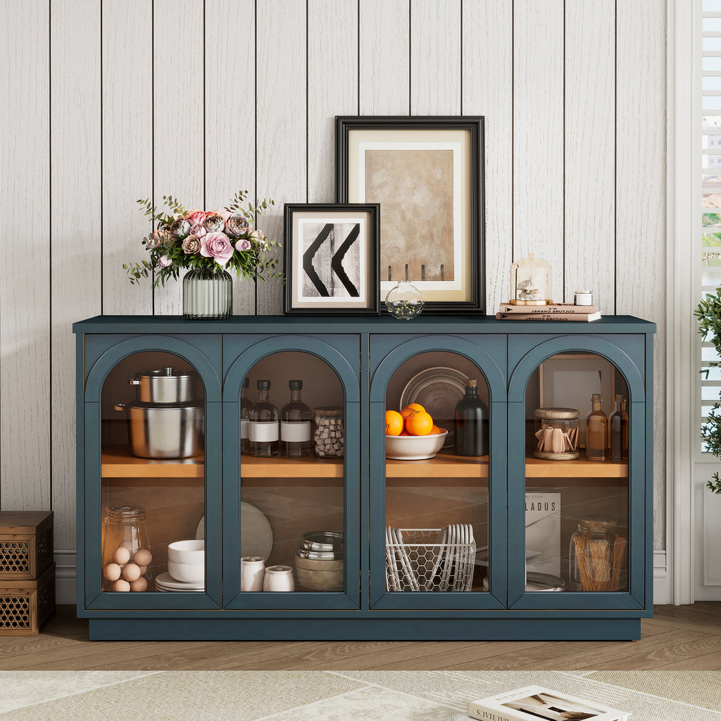 TREXM 4-Door Large Storage Buffet Cabinet with Glass Doors, Arched Cabinet with Adjustable Shelves for Kitchen, Dining Room and Living Room (Navy) - Grand Goldman Shop