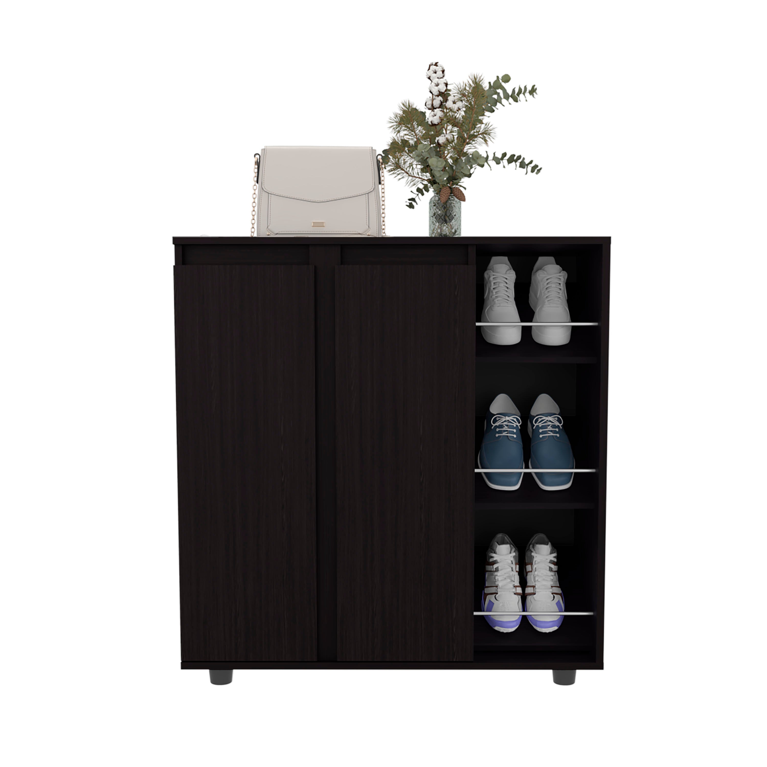 Gitano Shoe Storage Cabinet, 2 Doors, 8  Enclosed Shelves, 3 Open Side Shelves, Freestanding Design, Entryway or Bedroom Use, Wenge - Grand Goldman Shop