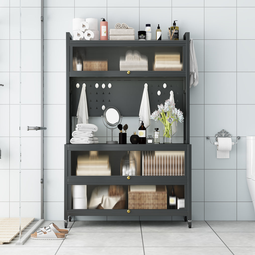 65'' Tall Kitchen Bakers Rack with Flip Door Cabinet, 5 Tier Multifunctional Microwave Stand Buffet, Coffee Bar, Quick Assembly, Gray - Grand Goldman Shop