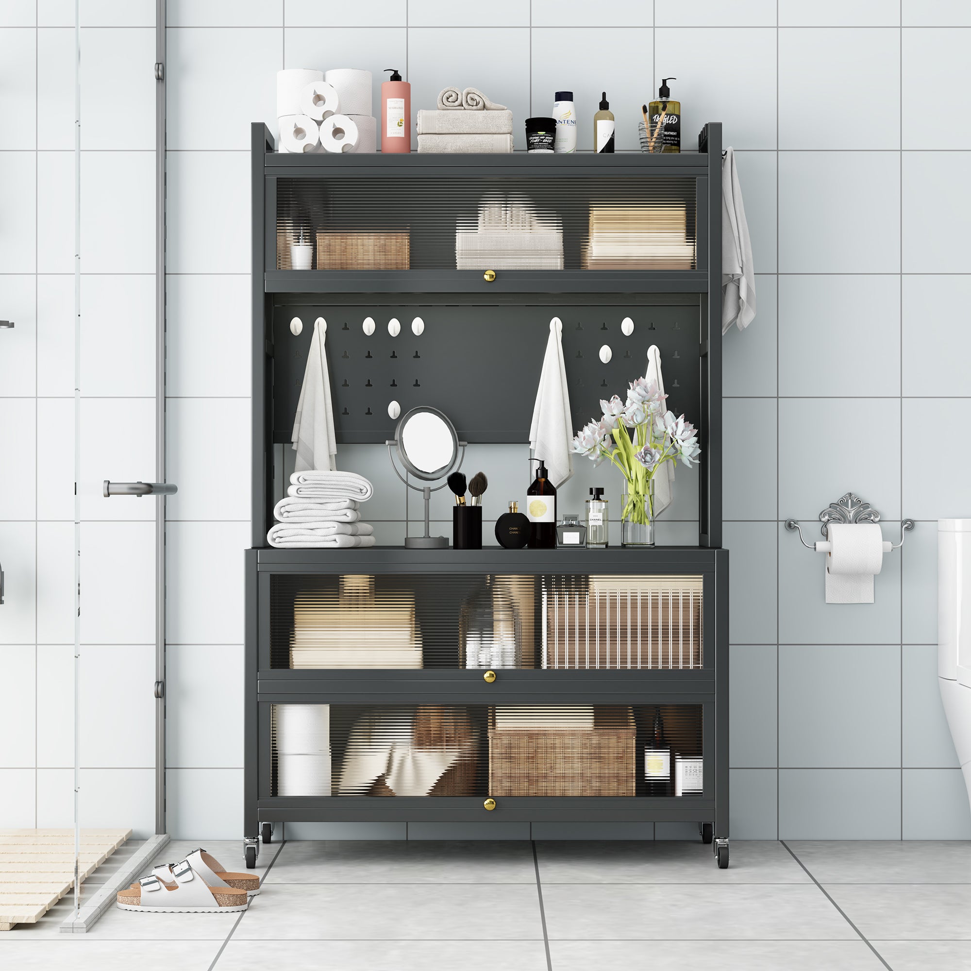 65'' Tall Kitchen Bakers Rack with Flip Door Cabinet, 5 Tier Multifunctional Microwave Stand Buffet, Coffee Bar, Quick Assembly, Gray - Grand Goldman Shop