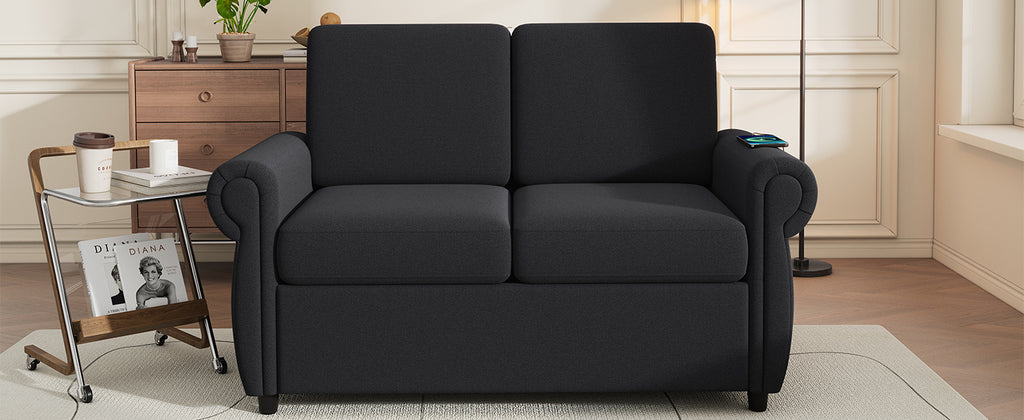 Orisfur Pull Out Sofa Bed Loveseat Sleeper with Twin Size Memory Foam Mattress & USB Ports, Black Linen - Grand Goldman Shop