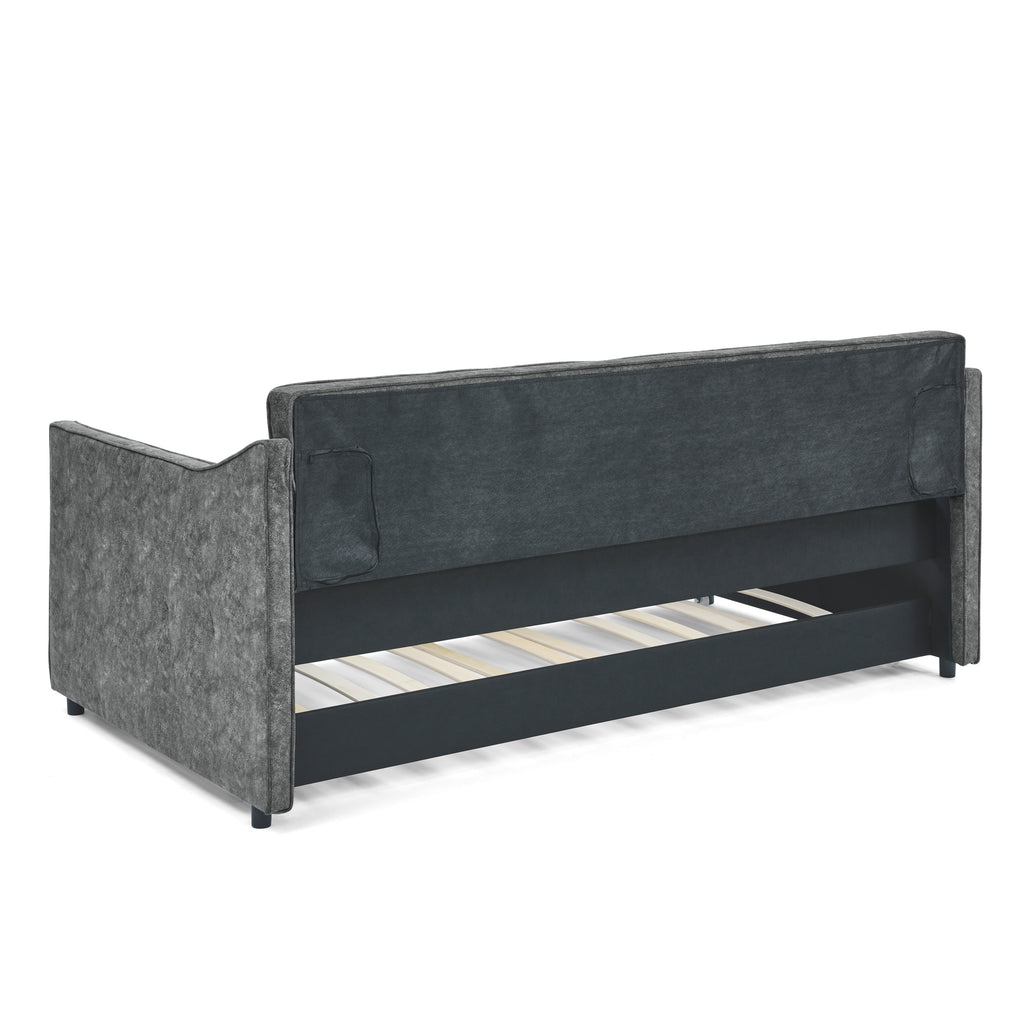 Mid-Century Grey Upholstered Twin Daybed with Trundle, Waved Arms, Eucalyptus Wood Frame, 80.5''x44.5''x33.5'' - Grand Goldman Shop