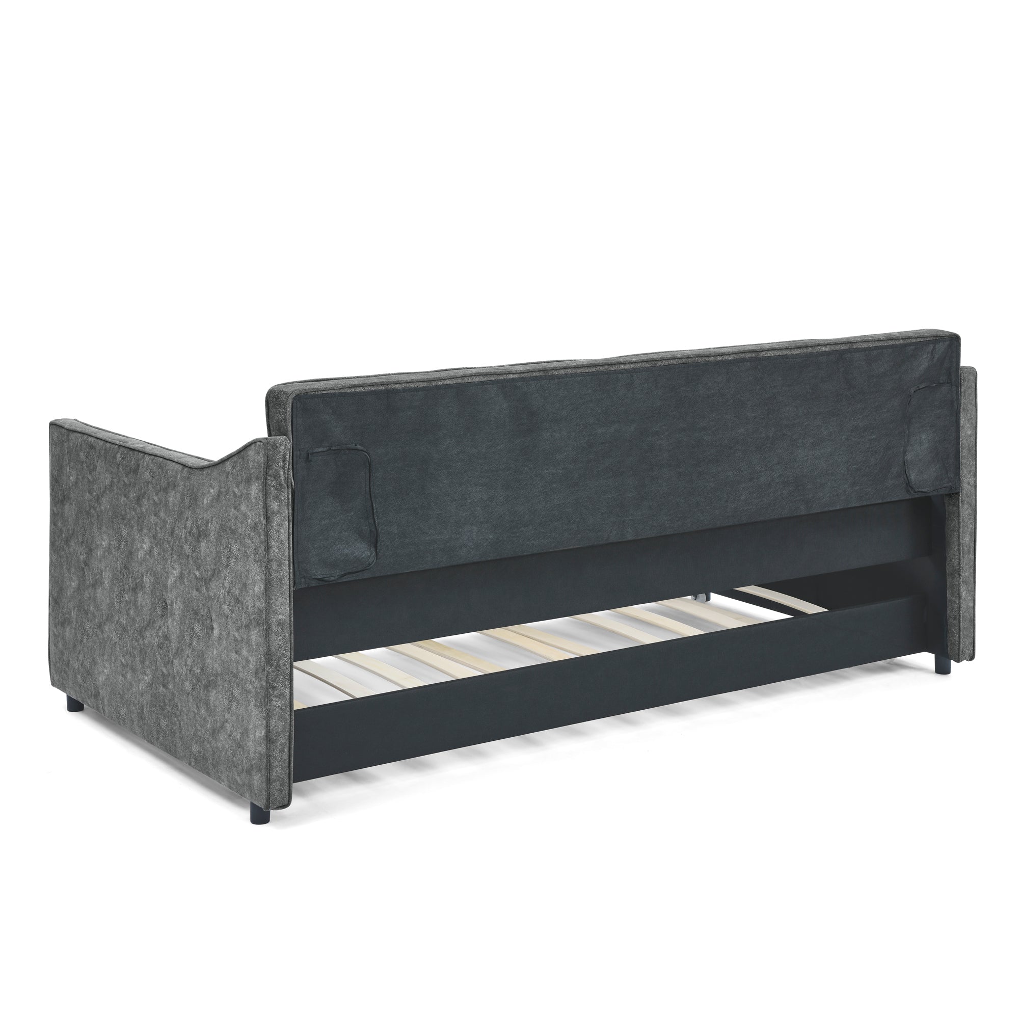 Mid-Century Grey Upholstered Twin Daybed with Trundle, Waved Arms, Eucalyptus Wood Frame, 80.5''x44.5''x33.5'' - Grand Goldman Shop