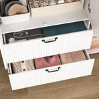 4 Doors Wardrobe Closet with Mirror, LED Wardrobe with Doors and 2 Drawers, Wooden Wardrobe Storage Cabinet with Hanging Rod, Adjustable Shelves, White - Grand Goldman Shop