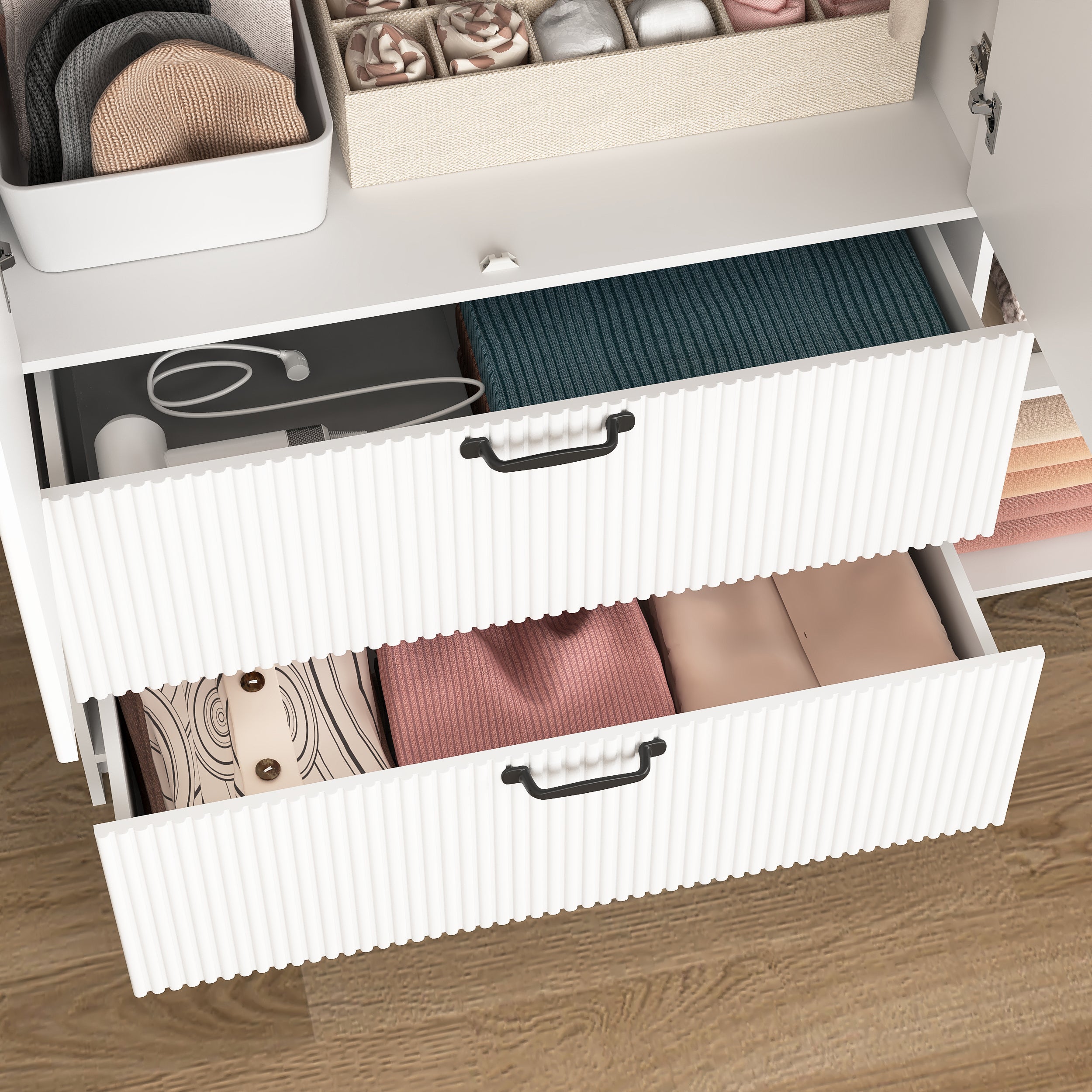 4 Doors Wardrobe Closet with Mirror, LED Wardrobe with Doors and 2 Drawers, Wooden Wardrobe Storage Cabinet with Hanging Rod, Adjustable Shelves, White - Grand Goldman Shop