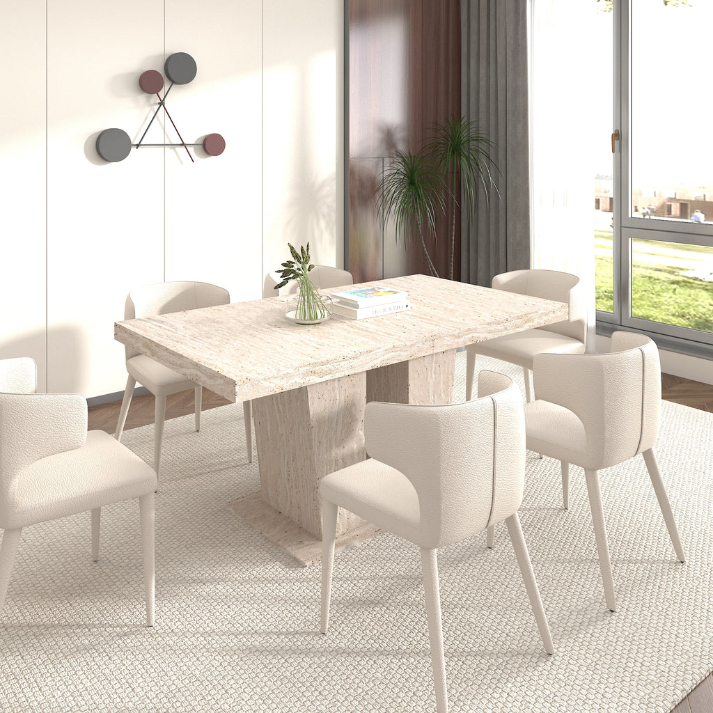 Rectangular extendable dining table, suitable for 6-10 people, with veined travertine pattern, dimensions 160-200 cm, simple and elegant. - Grand Goldman Shop