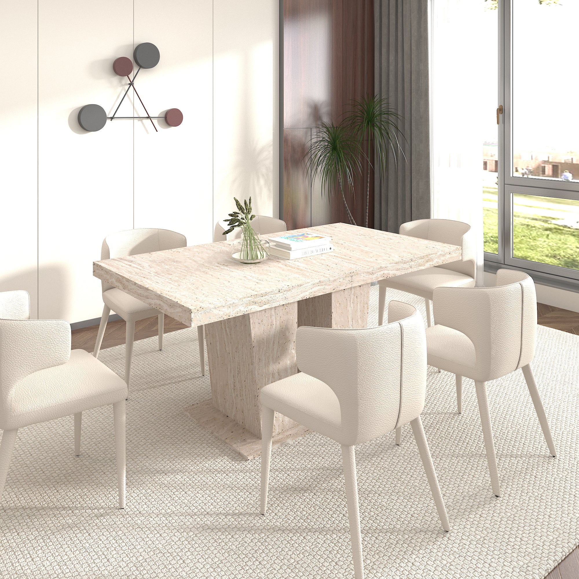 Rectangular extendable dining table, suitable for 6-10 people, with veined travertine pattern, dimensions 160-200 cm, simple and elegant. - Grand Goldman Shop