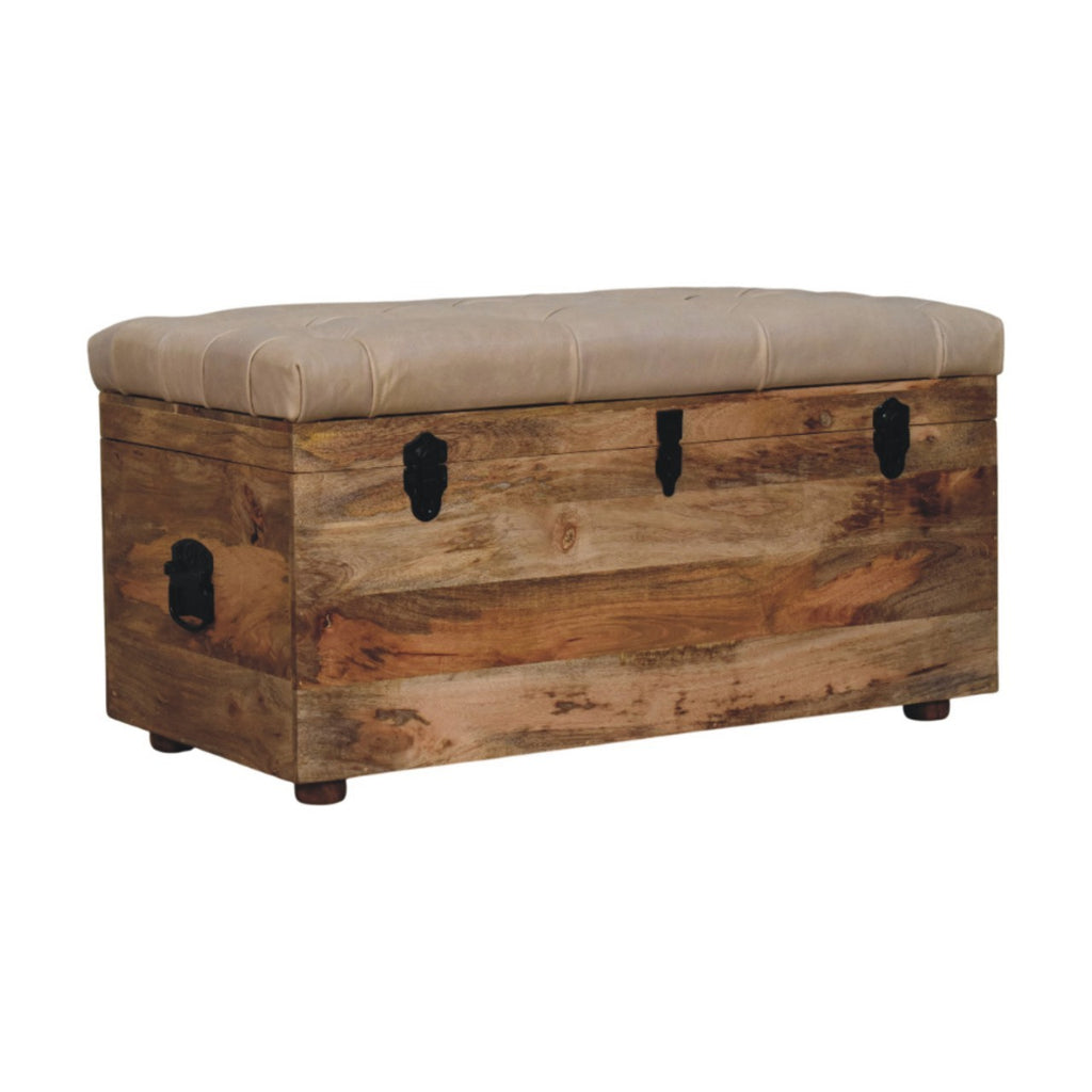 Solid Wood  Buffalo Hide Leather Upholstered Storage Trunk, Beige and Brown - Grand Goldman Shop