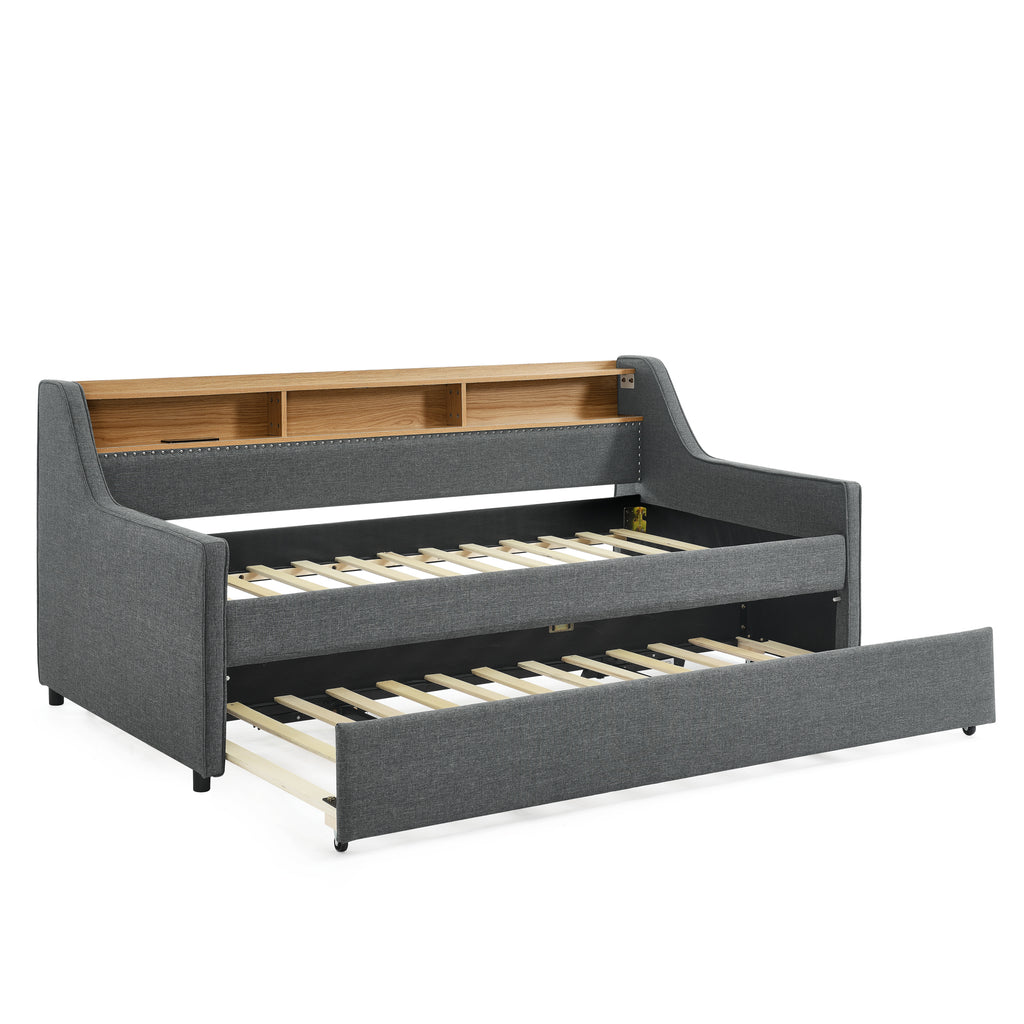 Grey Linen Upholstered Twin Sofa Bed with LED Lights, Storage Headboard, Foldable Trundle & Wireless Charging - Grand Goldman Shop