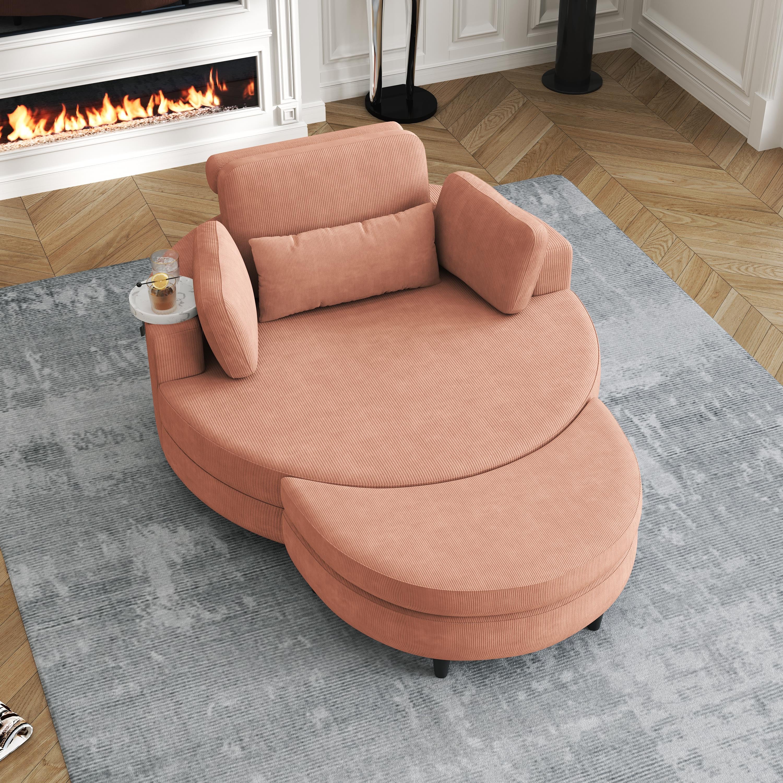 A 51-inch orange corduroy sofa with two throw pillows, a waist pillow and an extra tray is comfortable for a small apartment bedroom - Grand Goldman Shop