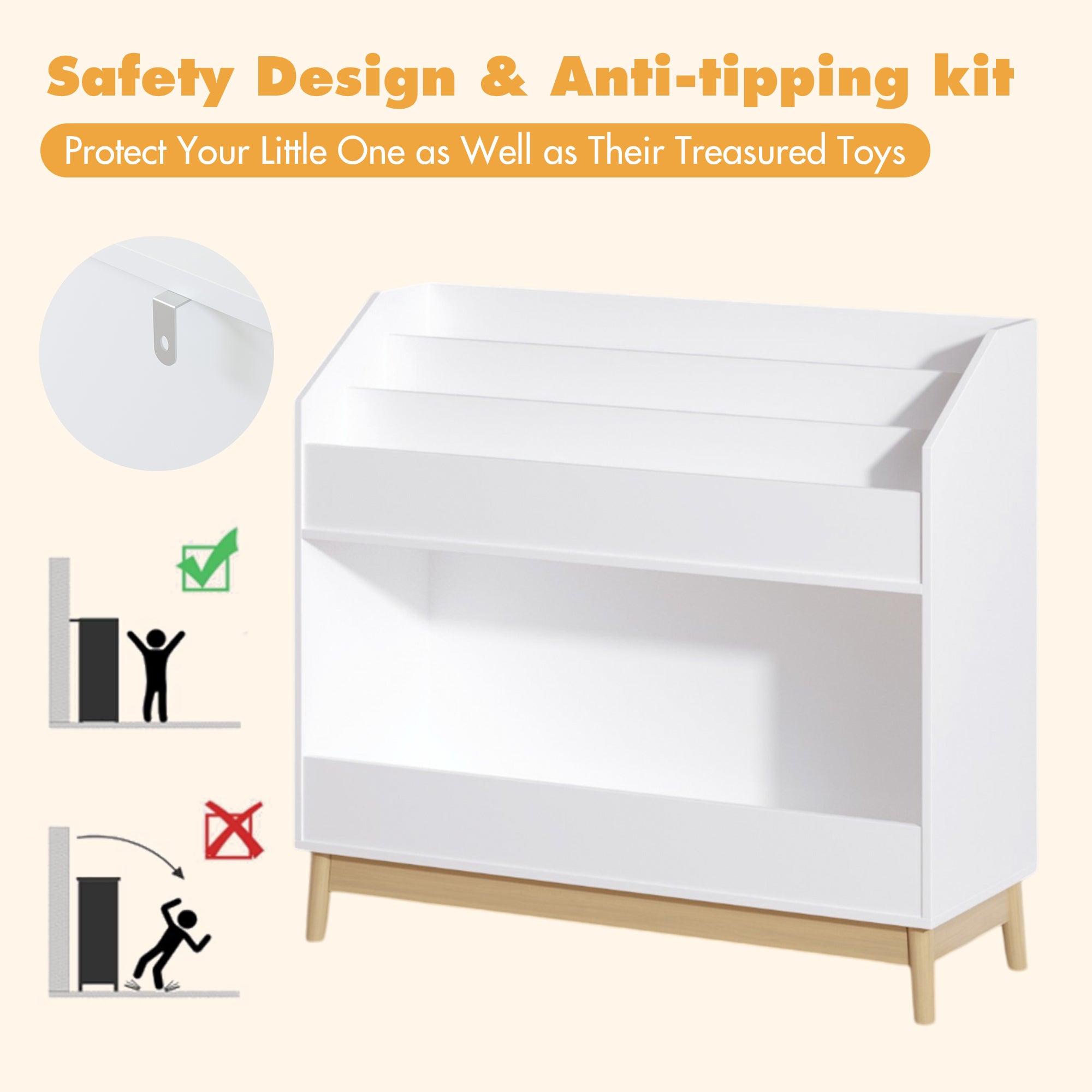 White Wooden Kids Bookcase Organizer with Storage, 3-Tier Toddler Book Display Shelf for Bedroom or Playroom - Grand Goldman