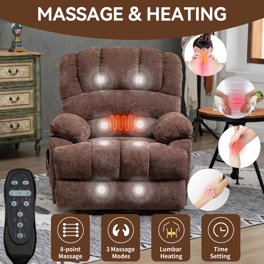 23' Seat Width and High Back Large Size Chenille Power Lift Recliner Chair with 8-Point Vibration Massage and Lumbar Heating, Brown - Grand Goldman Shop
