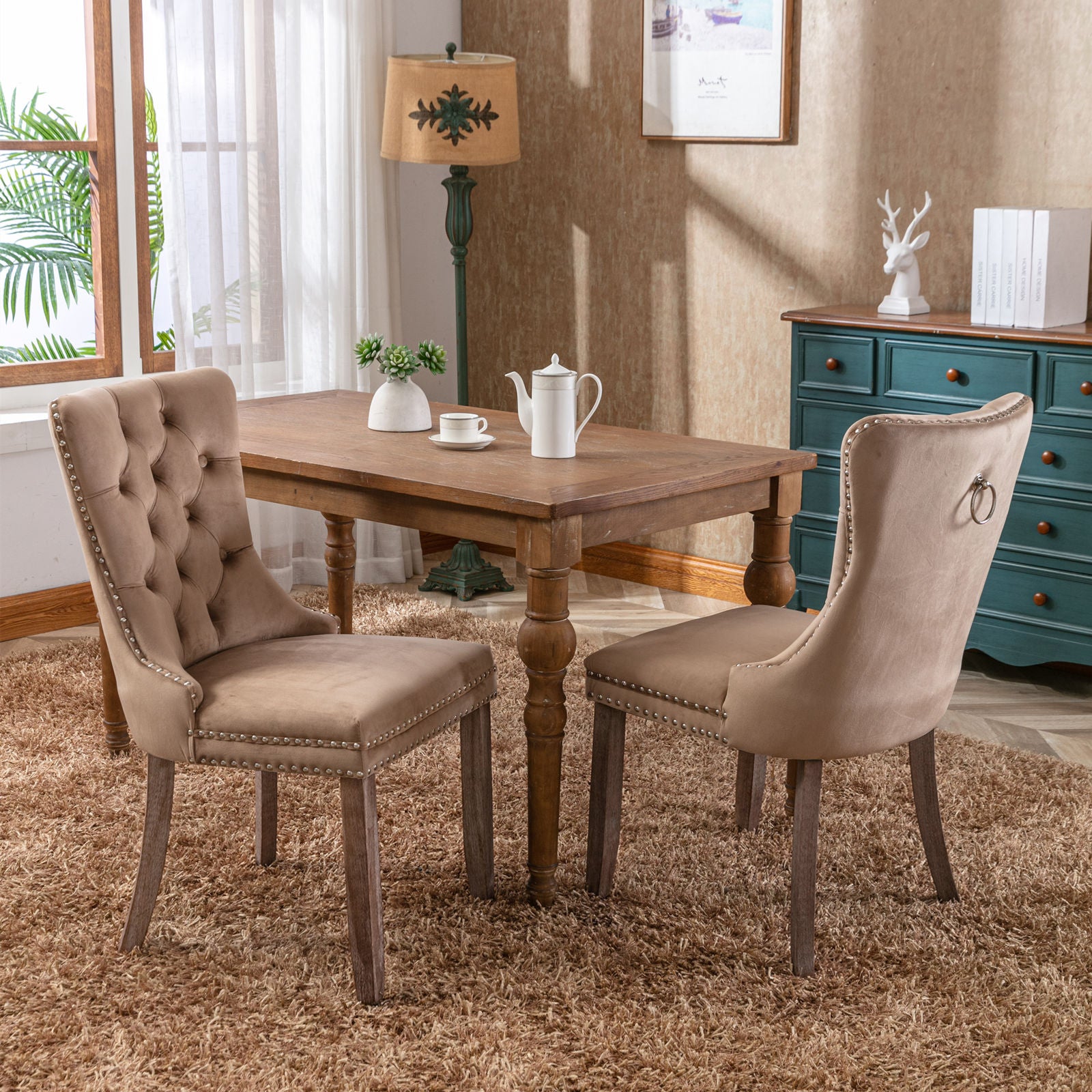 Nikki Collection Modern, High-end Tufted Solid Wood Contemporary Velvet Upholstered Dining Chair with Wood Legs Nailhead Trim 2-Pcs Set, Khaki, SW2001KK - Grand Goldman Shop