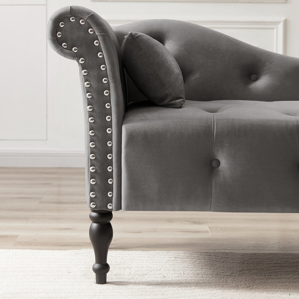 Aijia 60.6' Velvet Chaise Lounge Buttons Tufted Nailhead Trimmed Solid Wood Legs with 1 Pillow,Grey  (Left Arm Design as Shown in the Picture) - Grand Goldman Shop