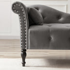 Aijia 60.6' Velvet Chaise Lounge Buttons Tufted Nailhead Trimmed Solid Wood Legs with 1 Pillow,Grey  (Left Arm Design as Shown in the Picture) - Grand Goldman Shop