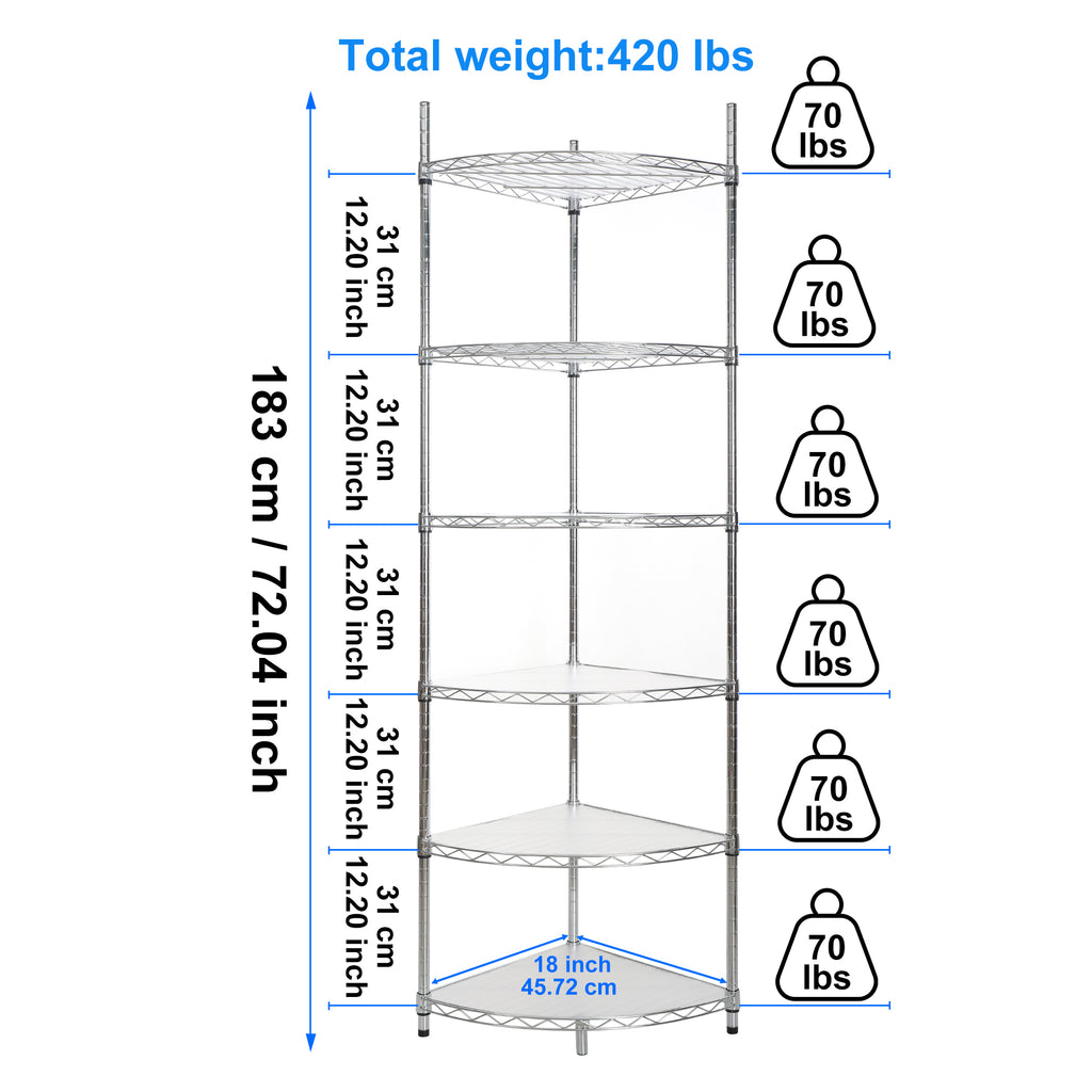 6 Tier Shelf Corner Wire Shelf Rack Adjustable Metal Heavy Duty Free Standing Corner Storage Display Chrome Rack for Bathroom, Living Room, Kitchen - Chrome - Grand Goldman Shop