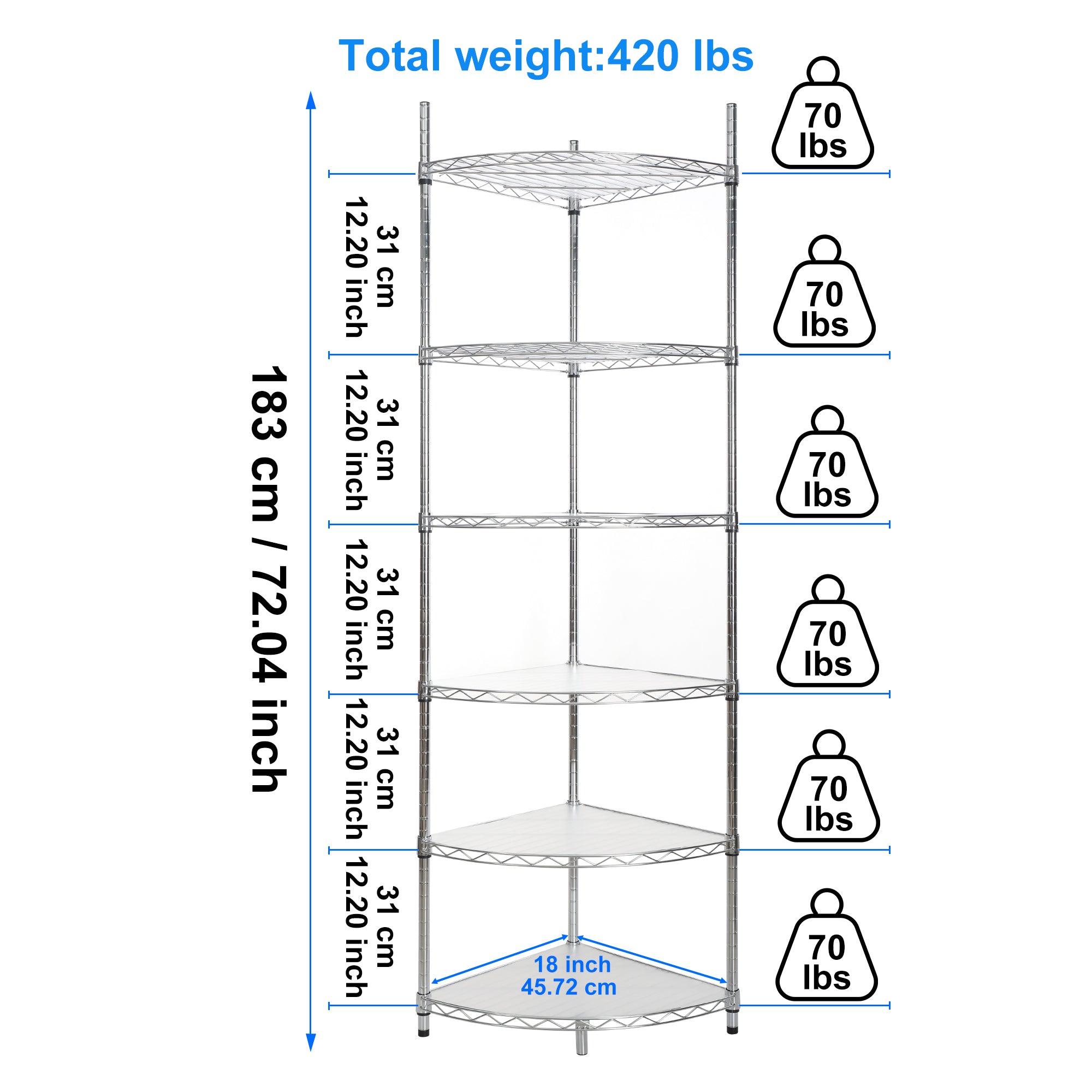 6 Tier Shelf Corner Wire Shelf Rack Adjustable Metal Heavy Duty Free Standing Corner Storage Display Chrome Rack for Bathroom, Living Room, Kitchen - Chrome - Grand Goldman Shop