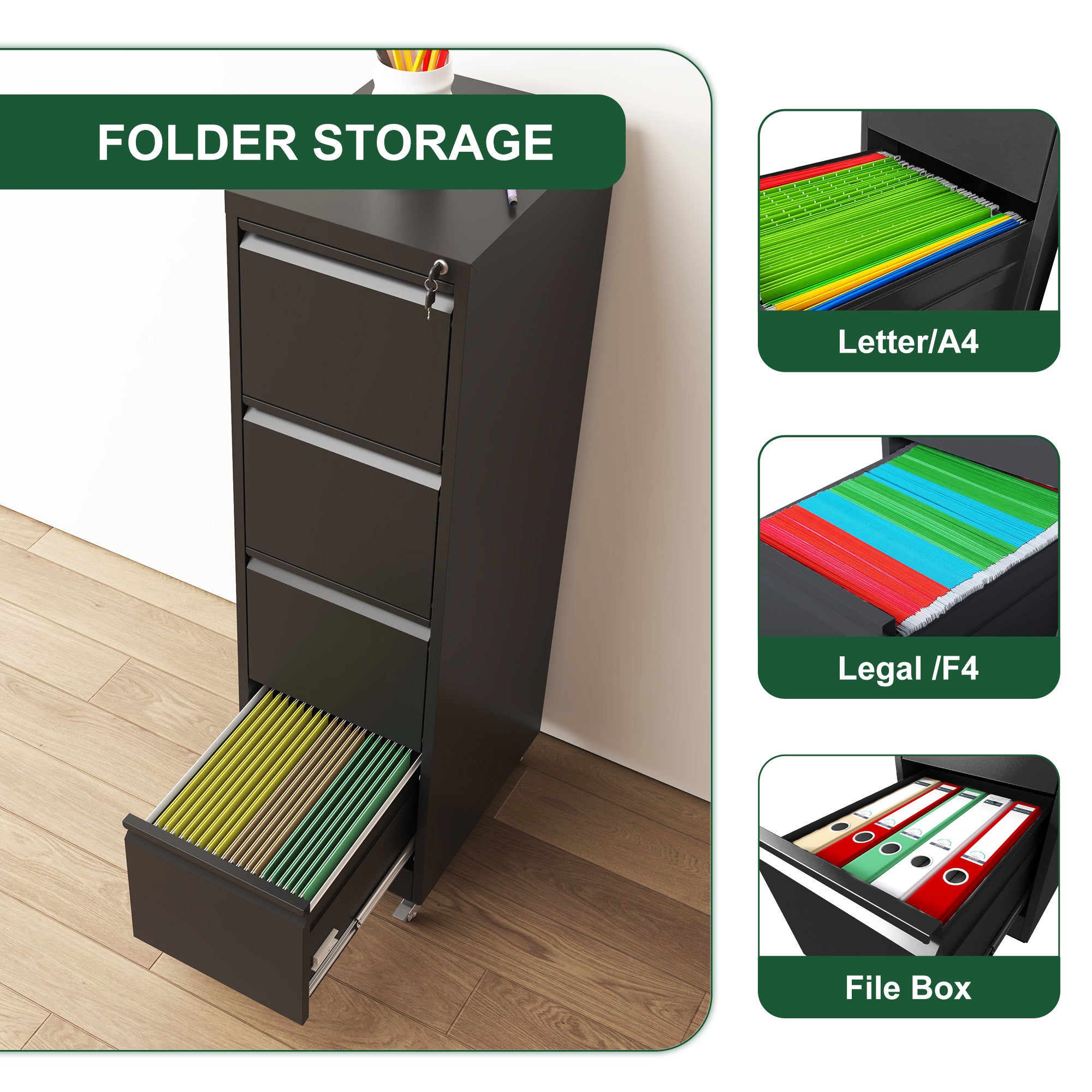 Black Heavy-Duty Metal 4 Drawer Locking Vertical File Cabinet with Wheels for Home & Office, 17.71'D x 15.16'W x 52.28'H | Pr