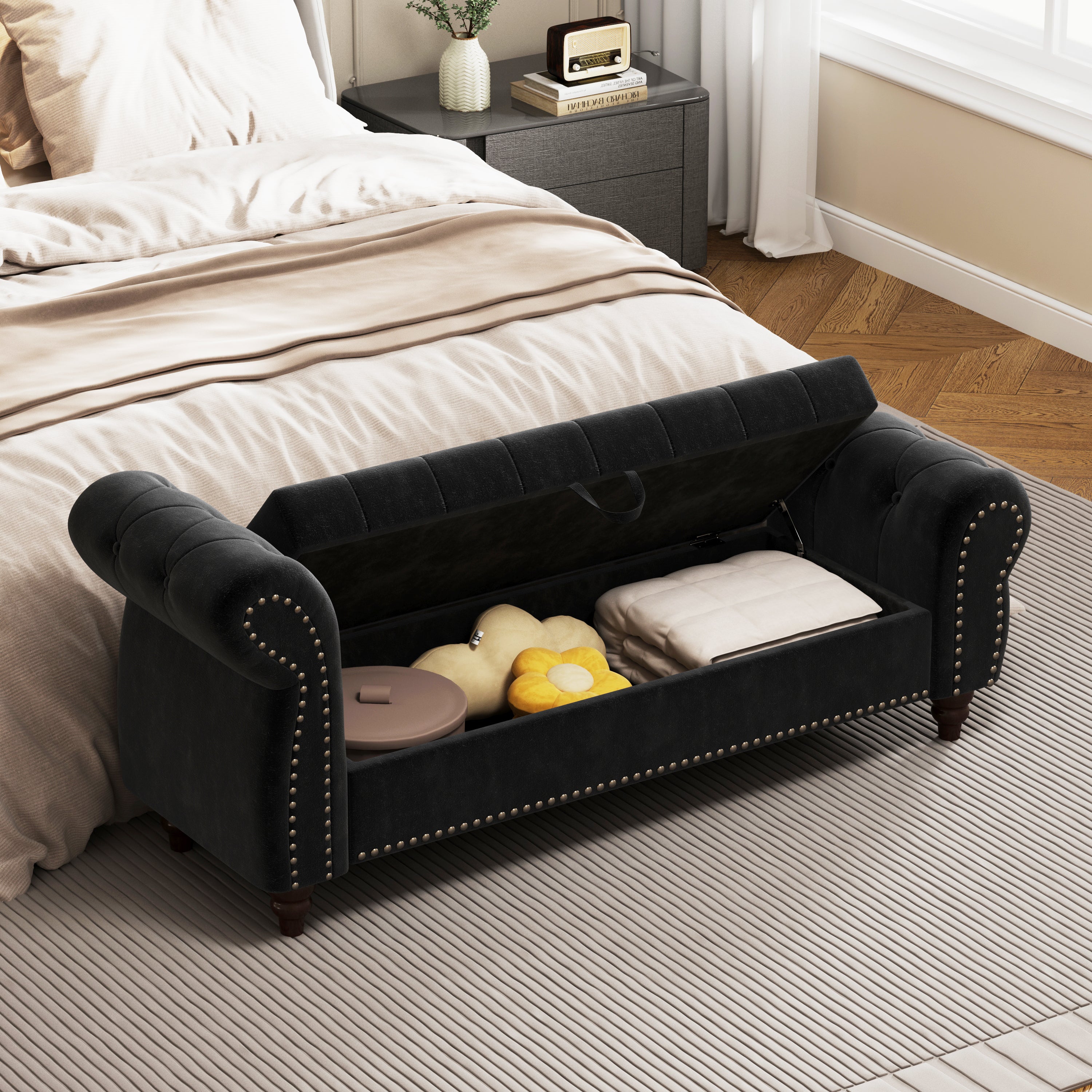 64.5' Bed Bench for Bed Room Nails Tufted Chaise of Lounge with Storage Velvet Upholstery Black - Grand Goldman Shop
