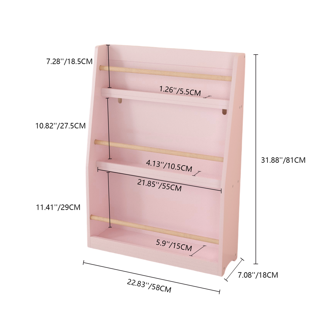 3-Tier Kids Book Shelf, Pink MDF & Pine Wood Storage Rack for Bedrooms, Playrooms, and Classrooms - Grand Goldman