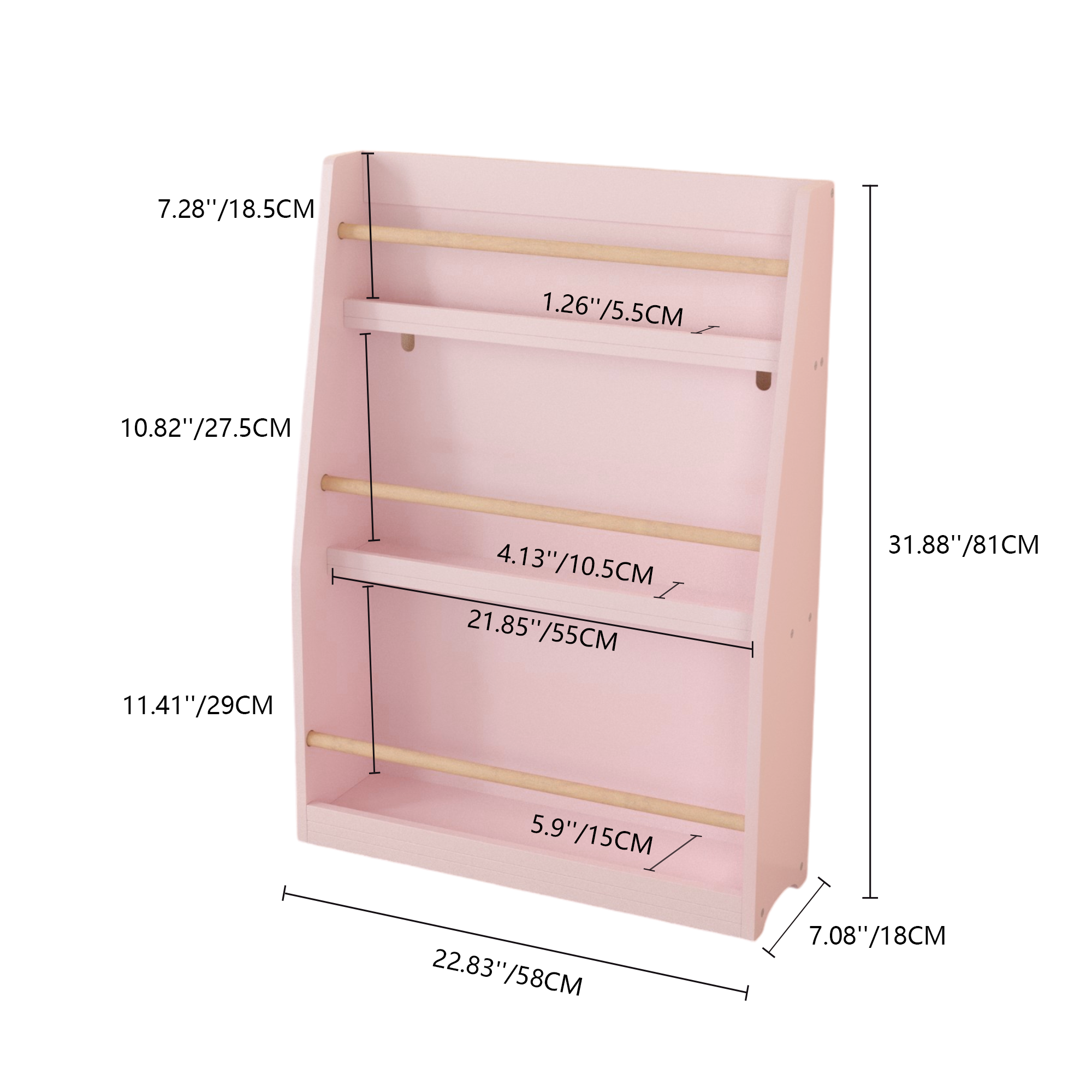 3-Tier Kids Book Shelf, Pink MDF & Pine Wood Storage Rack for Bedrooms, Playrooms, and Classrooms - Grand Goldman
