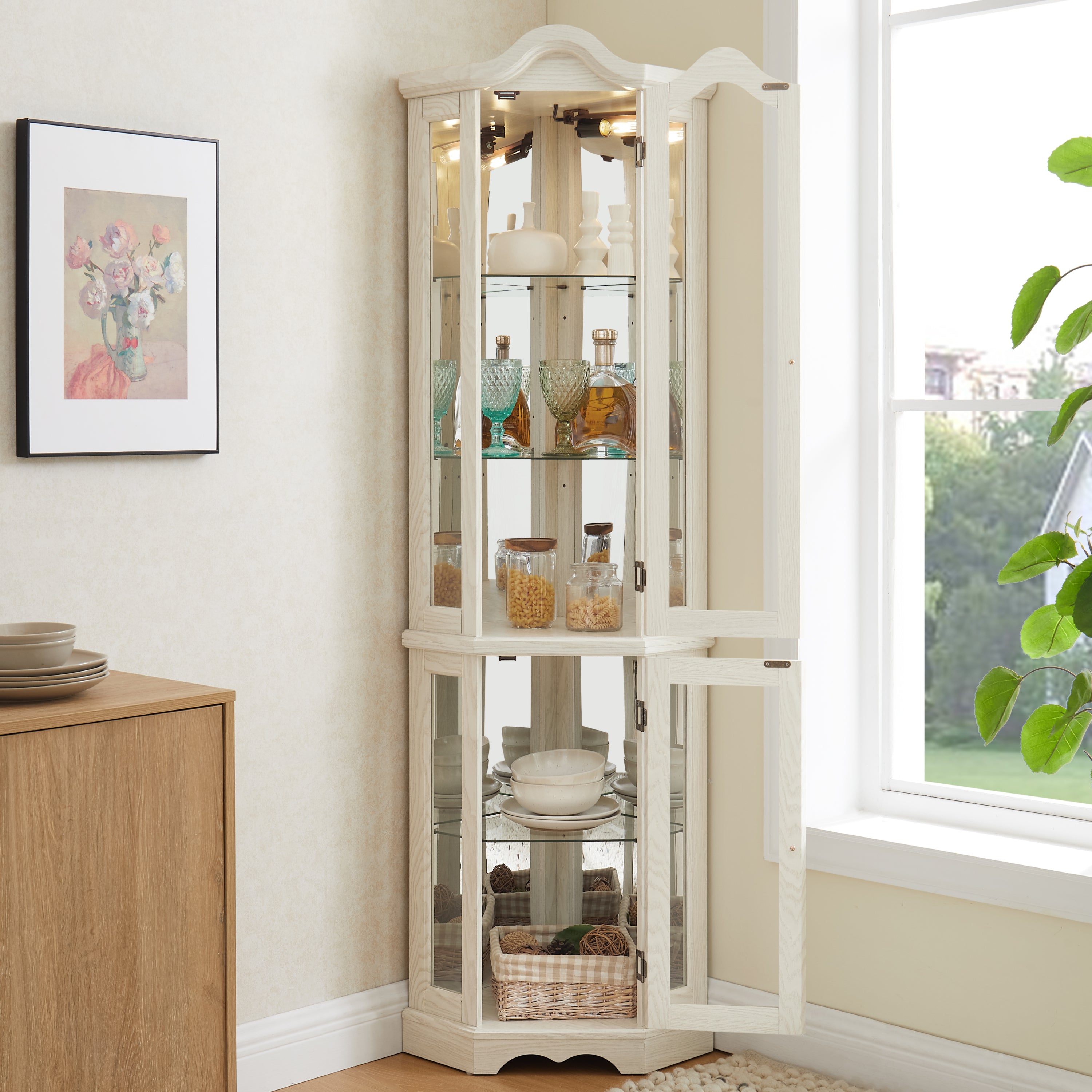 Curio Cabinet Lighted Glass Display Curio Cabinet w/Tempered Glass Doors and Shelves, Crown Corner Cabinet with Bulb, Corner Storage Decoration for Living room and Bedroom WHI - Grand Goldman Shop