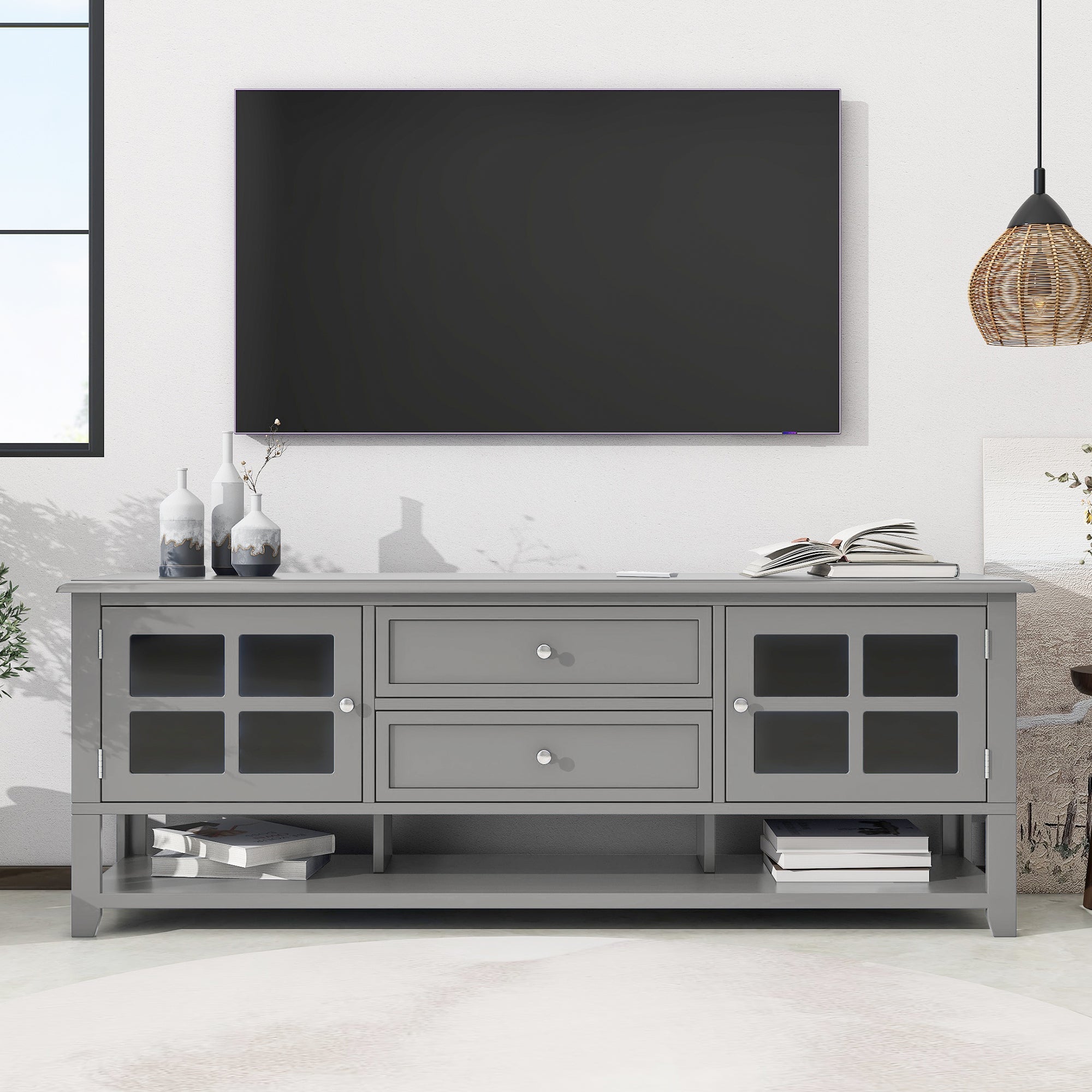 TV Stand for TVs up to 60'', Entertainment Center with Multifunctional Storage Space, TV Cabinet with Modern Design, Media Console for Living Room, Bedroom - Grand Goldman Shop