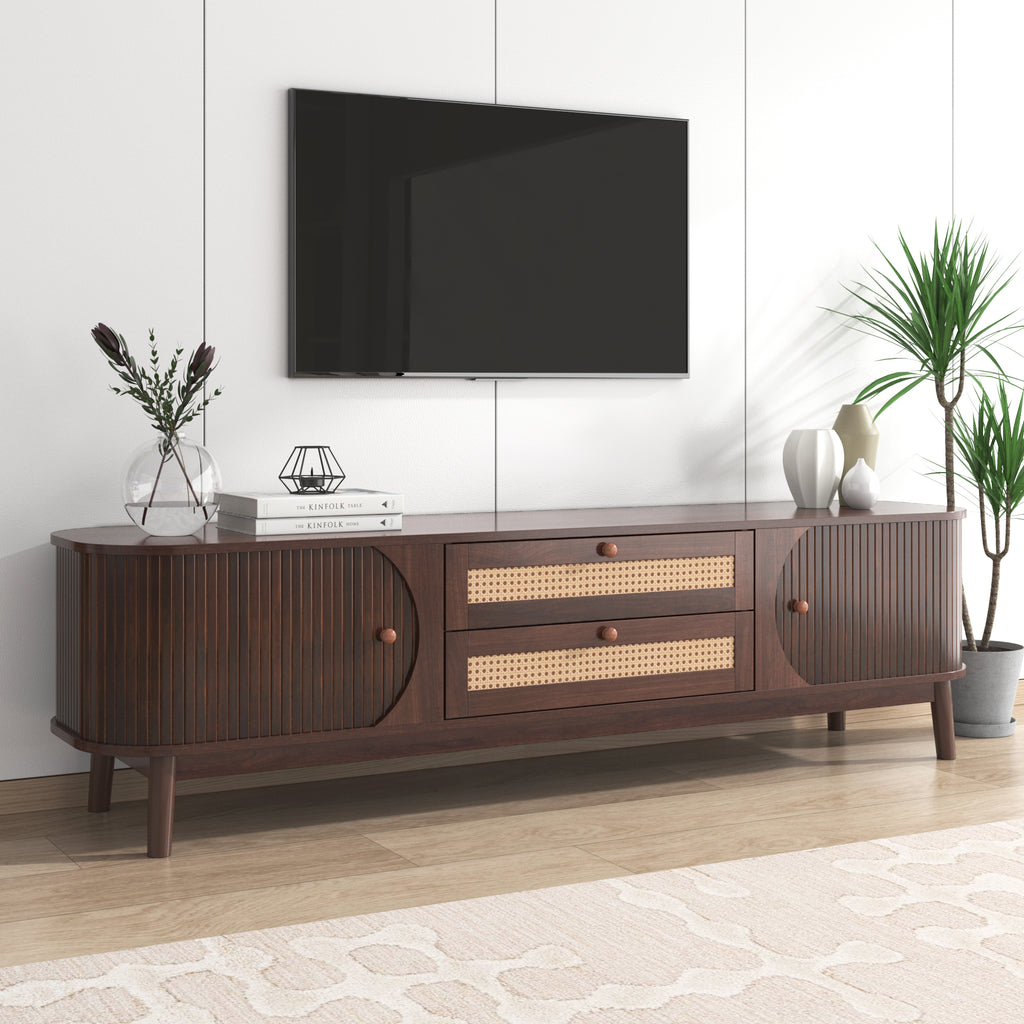 Modern Farmhouse Rattan TV Stand for TVs up to 75'', Natural Wood and Brown Solid Wood Legs, MDF Cabinet with Rattan Drawers and Sliding Doors, 66.93'' L Living Room Entertainment Console - Grand Goldman Shop