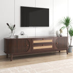 Modern Farmhouse Rattan TV Stand for TVs up to 75'', Natural Wood and Brown Solid Wood Legs, MDF Cabinet with Rattan Drawers and Sliding Doors, 66.93'' L Living Room Entertainment Console - Grand Goldman Shop