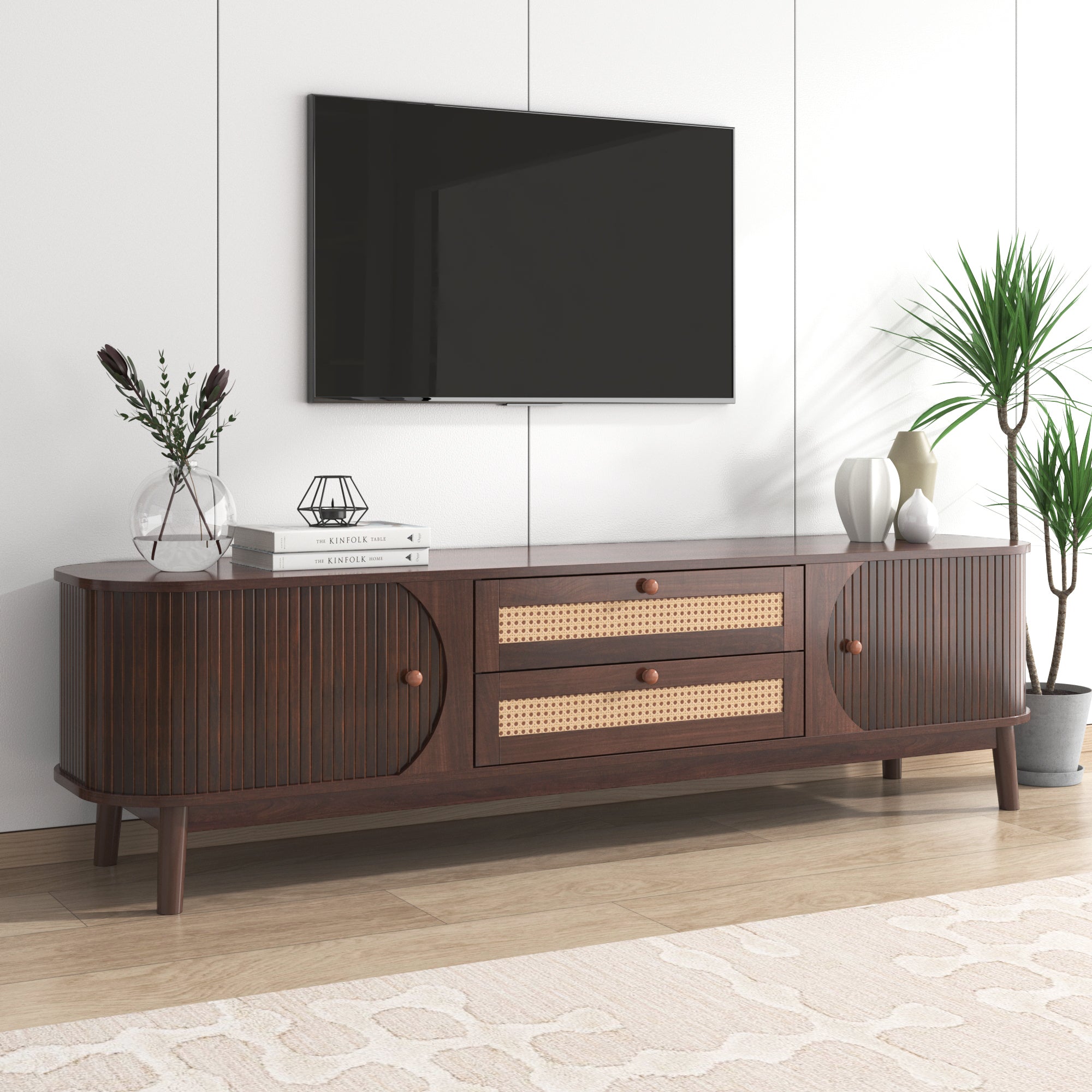 Modern Farmhouse Rattan TV Stand for TVs up to 75'', Natural Wood and Brown Solid Wood Legs, MDF Cabinet with Rattan Drawers and Sliding Doors, 66.93'' L Living Room Entertainment Console - Grand Goldman Shop