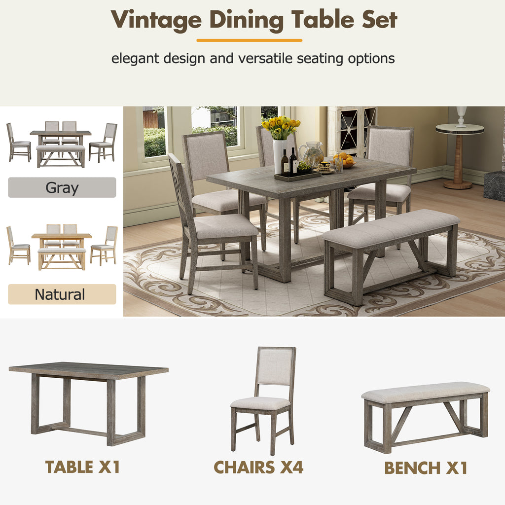 TREXM 6-Piece Retro Dining Table Set for 6, 60' Wood Kitchen Table and Chairs Set of 4 with Bench Designed Trestle Base for kitchen & Dining Room (Gray) - Grand Goldman Shop