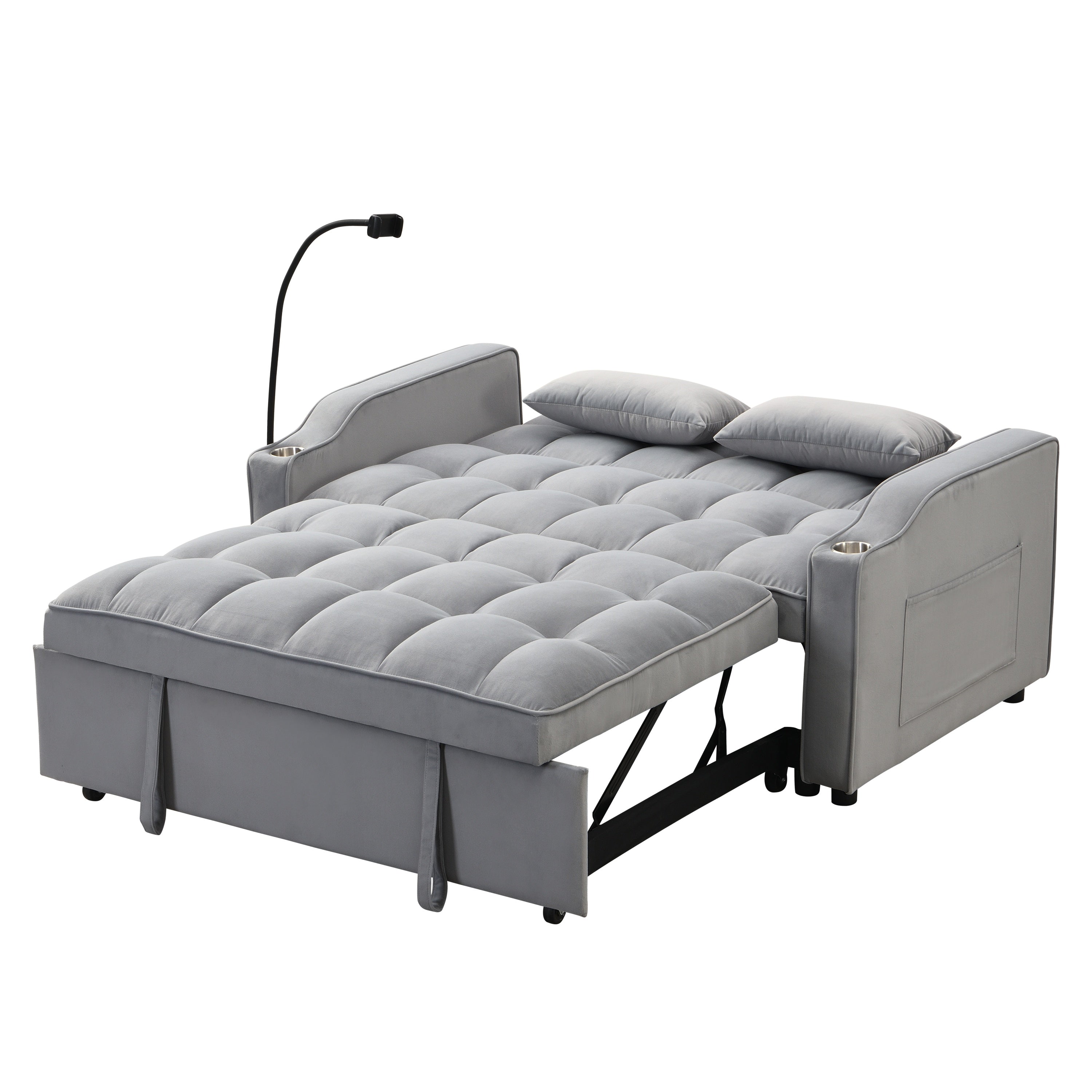 Modern Velvet Loveseat Futon Sofa Couch with Pullout Bed, Adjustable Backrest, Toss Pillows, Light Gray - Grand Goldman Shop