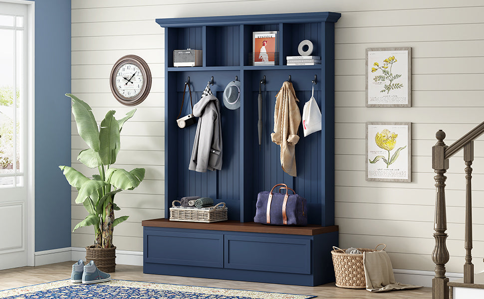 Farmhouse 4-in-1 Hall Tree with Wood Grain Bench, Mudroom Versatile Coat Rack with 2 Large Drawer, Entrance Organizer for Hallway, Living Room, Blue, 55.9'W (OLD SKU: N721P313099C) - Grand Goldman Shop