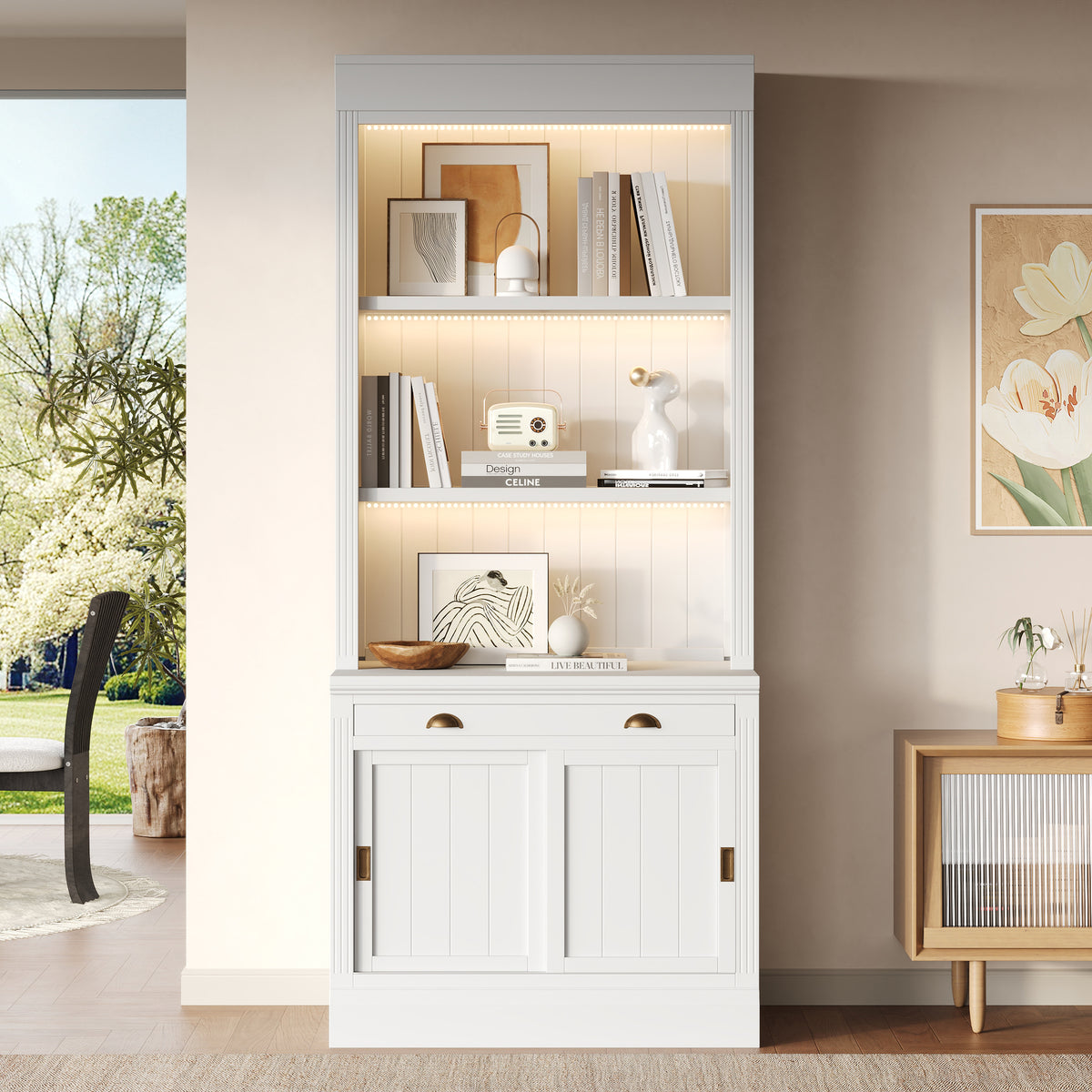83.4'Tall Bookshelf with 3-layer LED Lightings, Modern Bookcase with Sliding Doors and Open Shelves,Storage Bookshelf for Living Room,Home Office,White