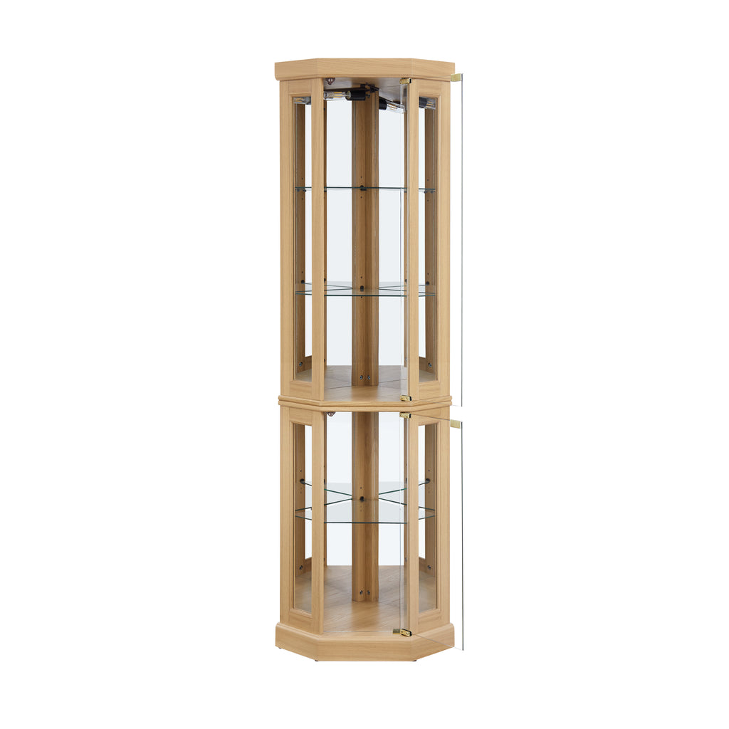 Corner Glass Cabinet Lighted Curio Cabinet Corner Display Case for Living Room, Curio Cabinet, Antique collection, Wine,Bar Glass Storage Light Included, Light oak - Grand Goldman Shop