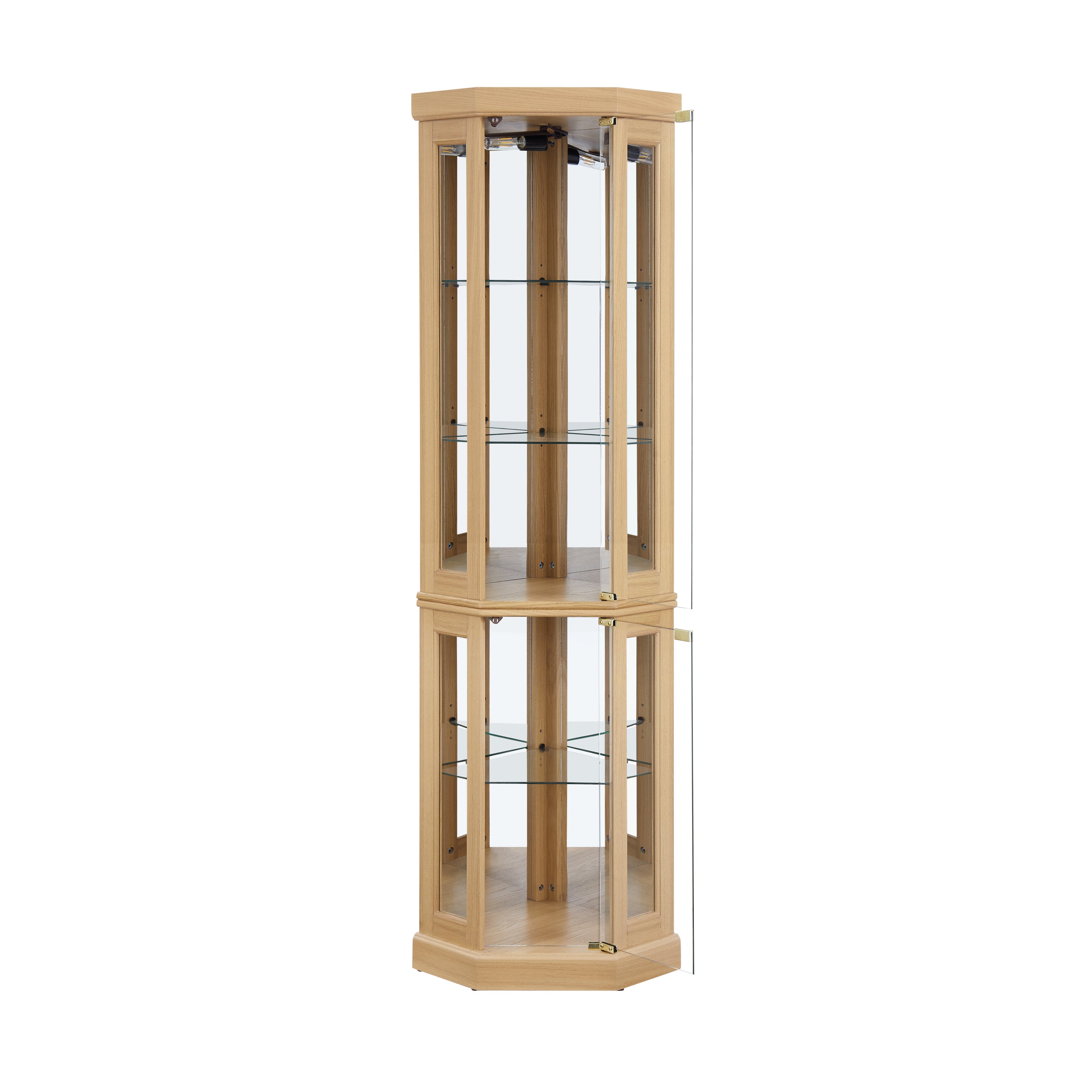Corner Glass Cabinet Lighted Curio Cabinet Corner Display Case for Living Room, Curio Cabinet, Antique collection, Wine,Bar Glass Storage Light Included, Light oak - Grand Goldman Shop