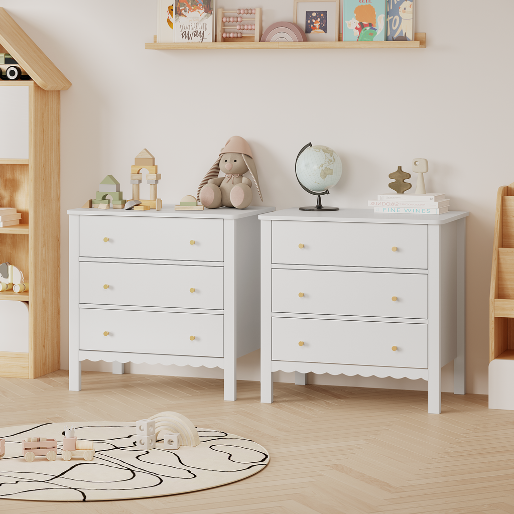 White 3 Drawer Dresser for Bedroom, Modern MDF Painted Chest of Drawers with Gold Knobs, Wooden Storage Cabinet for Kids, Nur